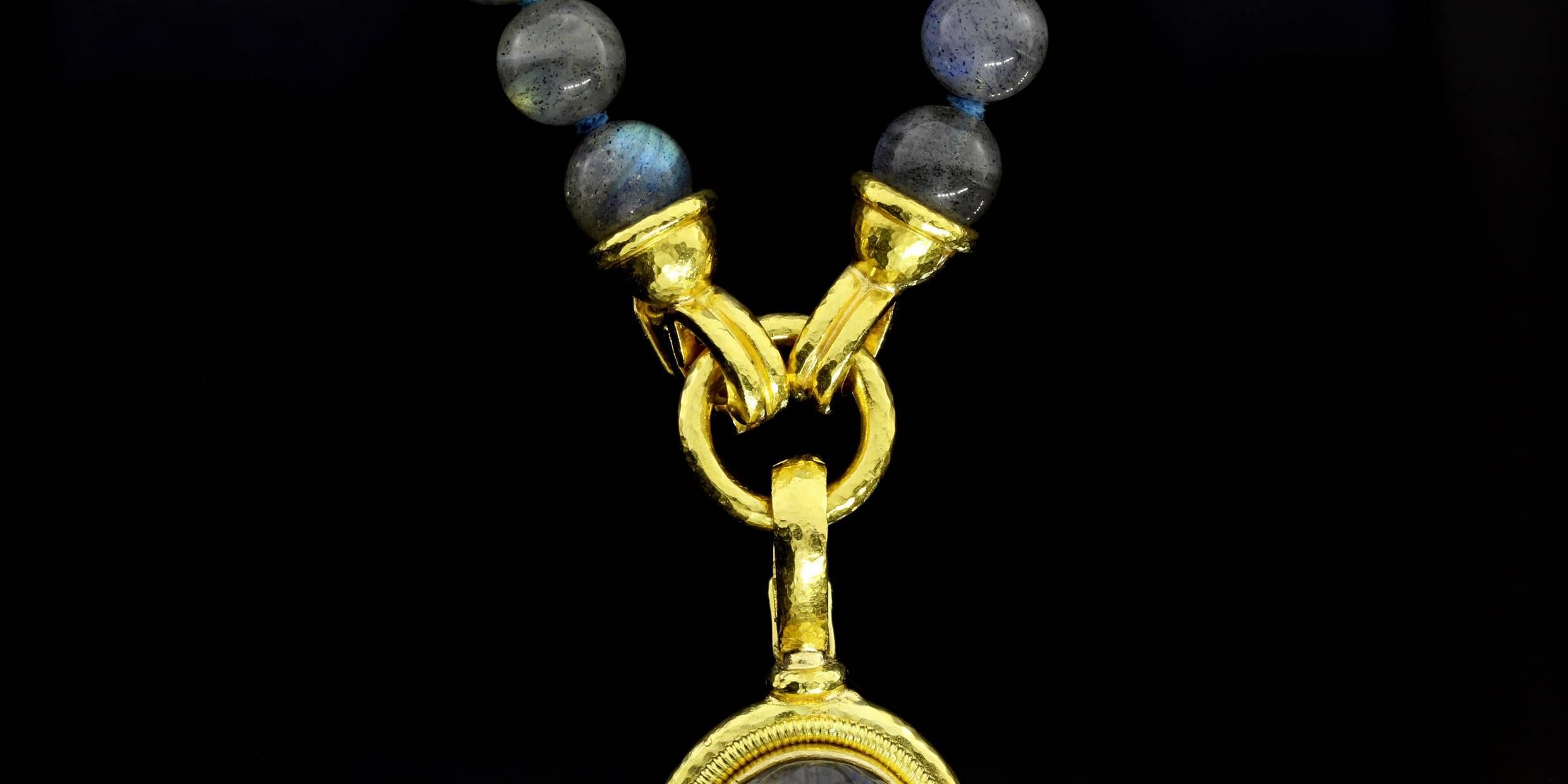 Neoclassical Elizabeth Locke Labradorite Gold Scarab Pendant and Bead Chain