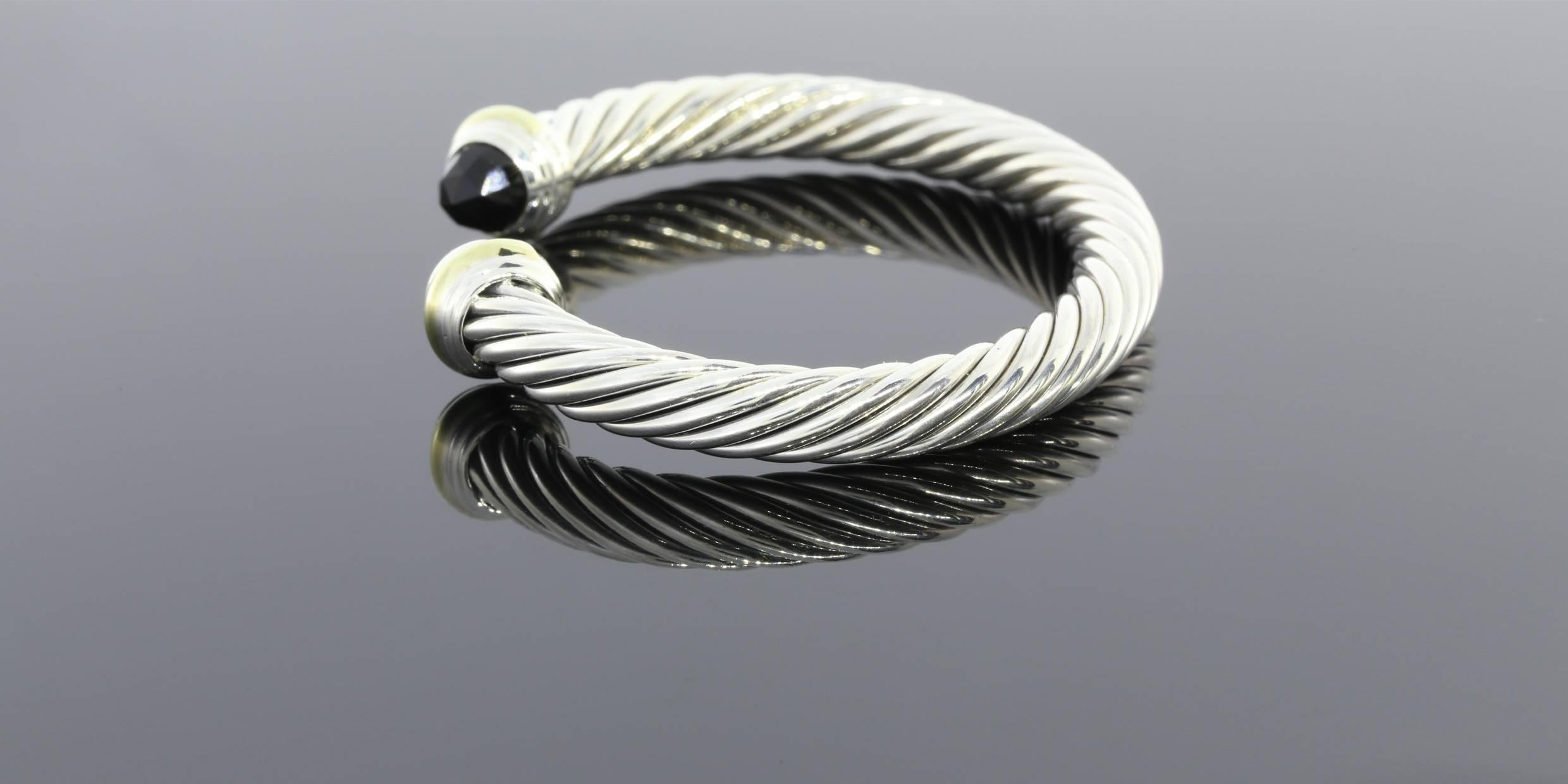 David Yurman Black Onyx Sterling Silver Gold Cable Classics Bracelet  In Excellent Condition In Columbia, MO