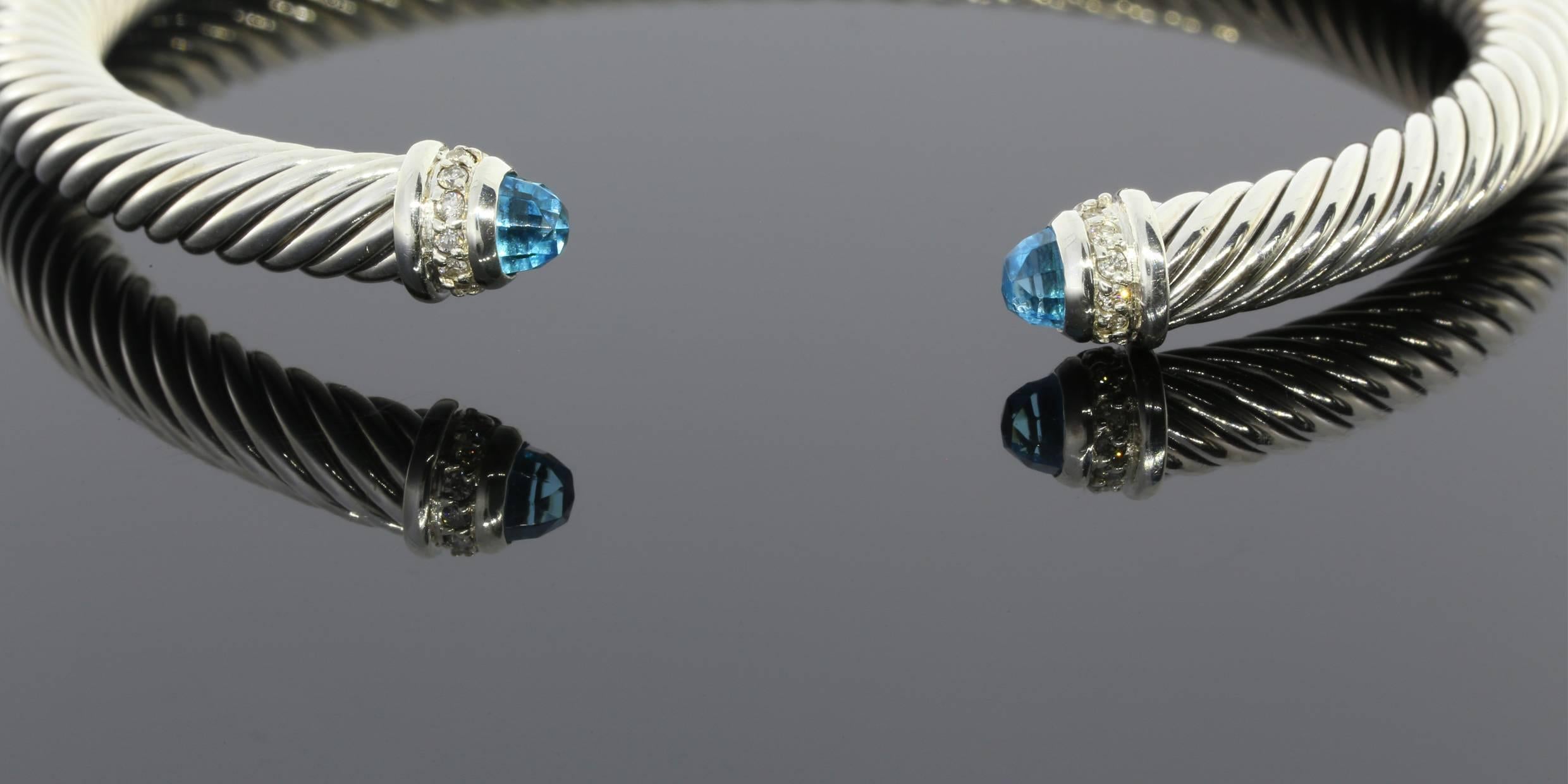 David Yurman Blue Topaz Diamond Sterling Silver Cable Classics Bracelet  1
