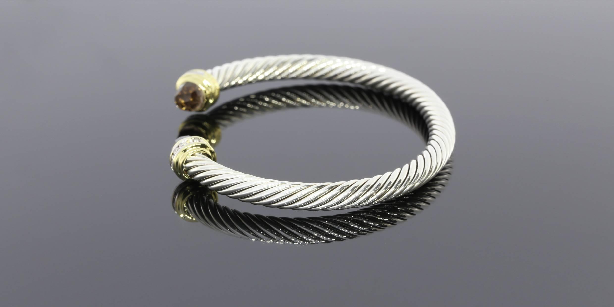 David Yurman Smokey Quartz Diamond Sterling Silver Gold Cable Classics Bracelet In Excellent Condition In Columbia, MO