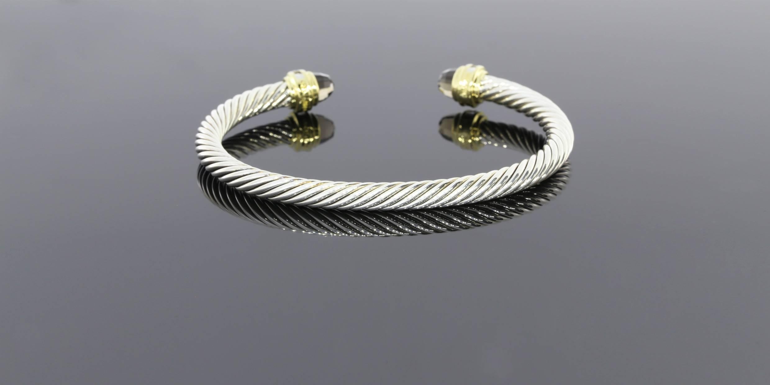 Women's David Yurman Smokey Quartz Diamond Sterling Silver Gold Cable Classics Bracelet