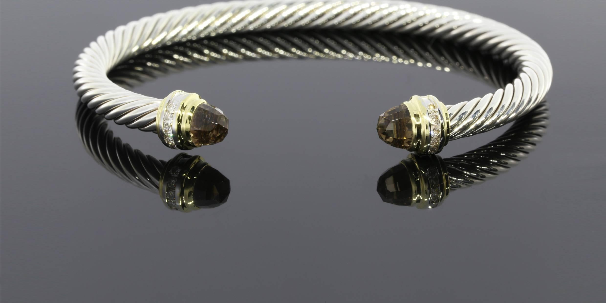 David Yurman Smokey Quartz Diamond Sterling Silver Gold Cable Classics Bracelet 1