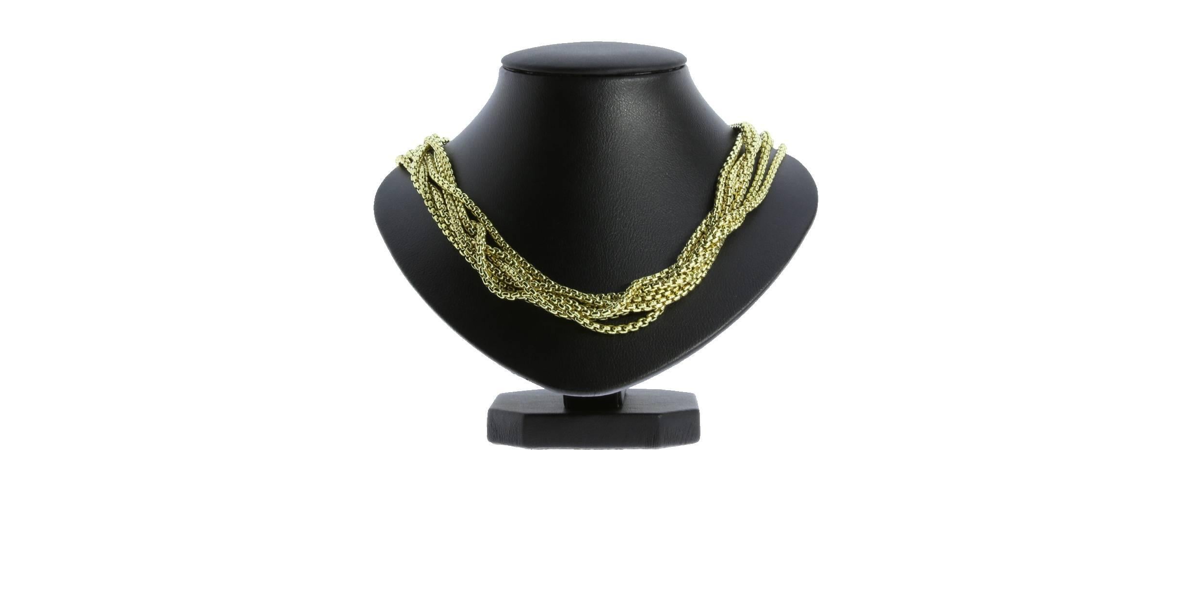 This is a beautiful statement necklace from David Yurman in classic 18 karat yellow gold. The 15.5" necklace features 6 strands of yellow gold box chain with a lobster claw clasp. Whether you're dressed for black tie or blue jeans, this