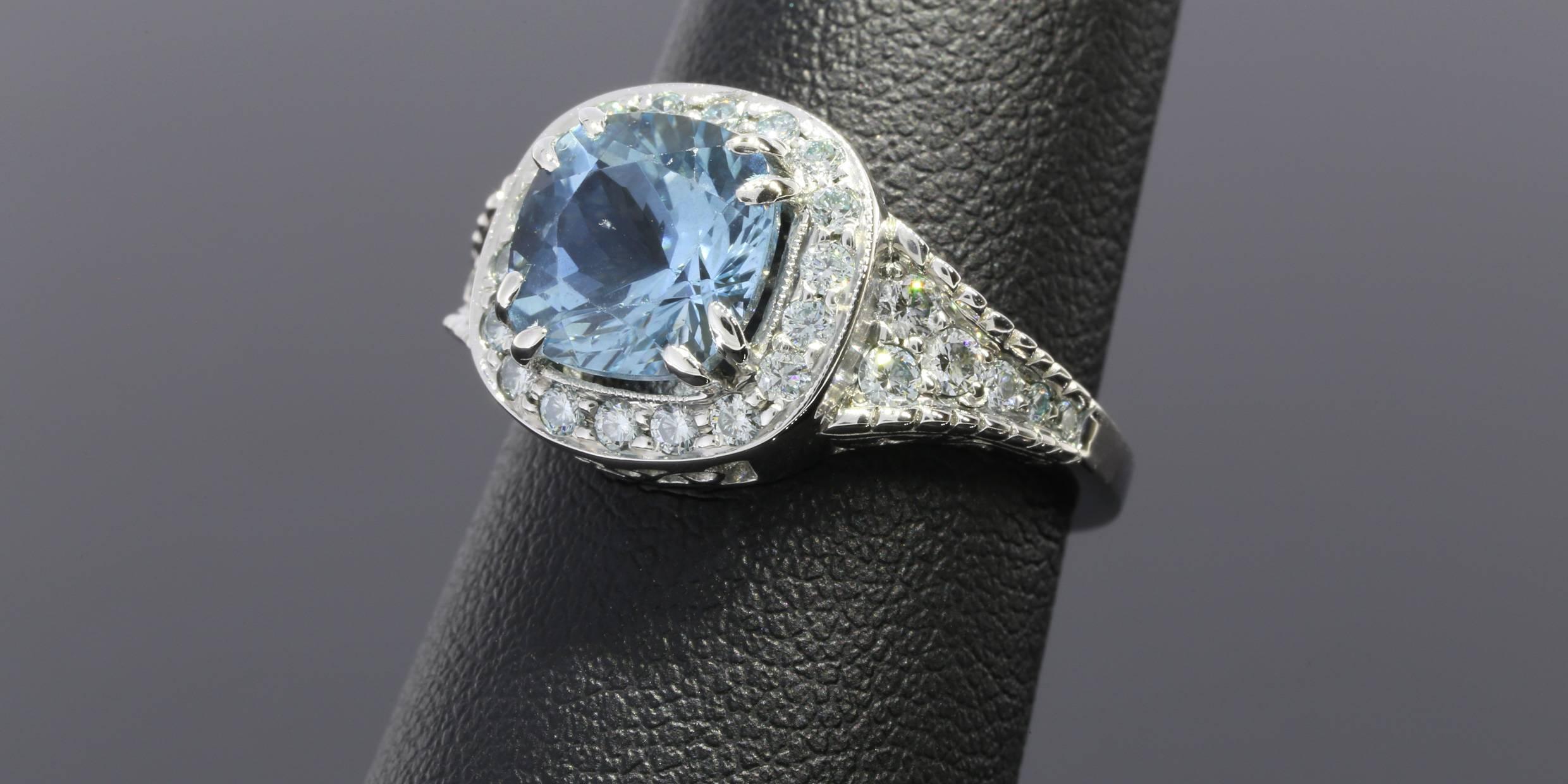 Women's Penny Preville 2.66 Carats Cushion Aquamarine Diamond Gold Ring