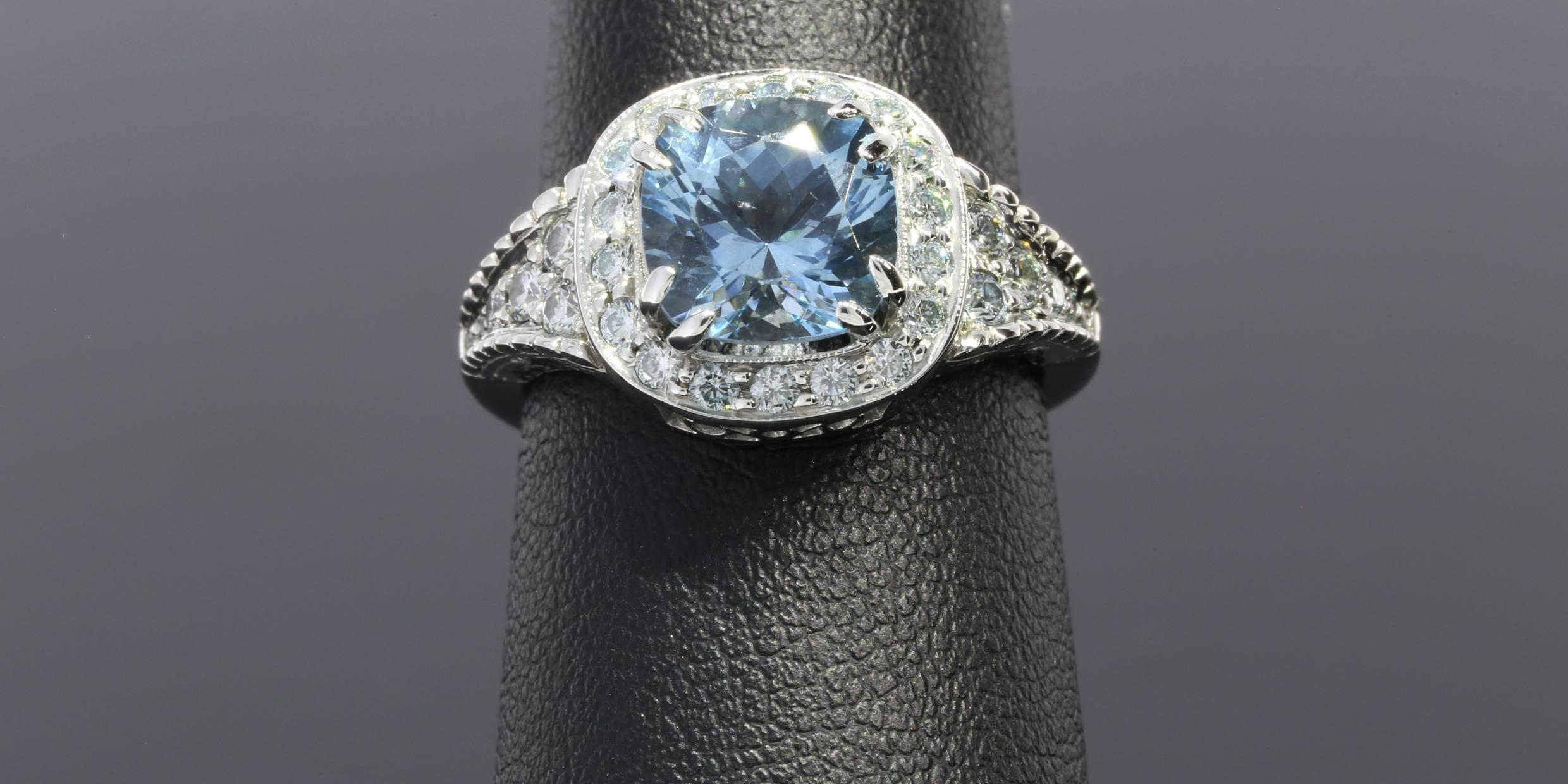 Penny Preville 2.66 Carats Cushion Aquamarine Diamond Gold Ring In Excellent Condition In Columbia, MO