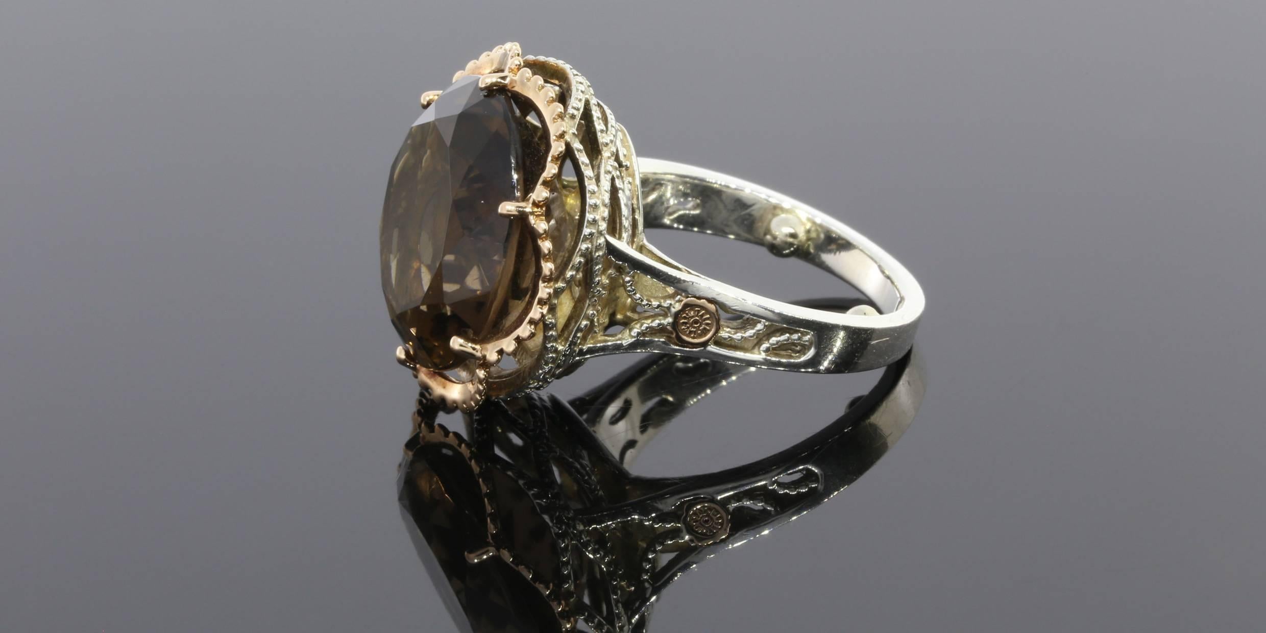 Tacori Smokey Quartz Color Medley Silver Gold Budding Crescent Ring In Excellent Condition In Columbia, MO