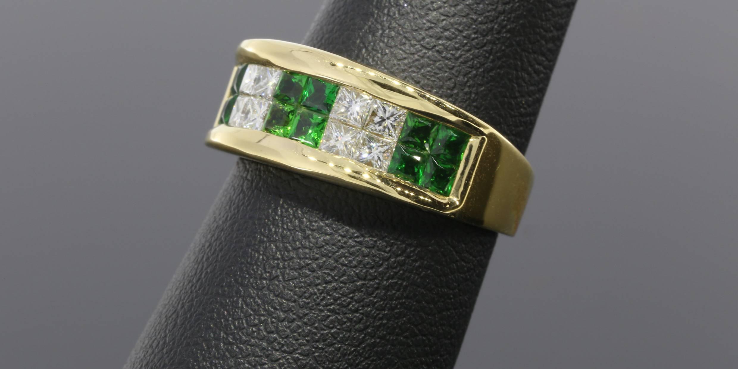 Princess Tsavorite Garnet Diamond Gold Band Ring 1
