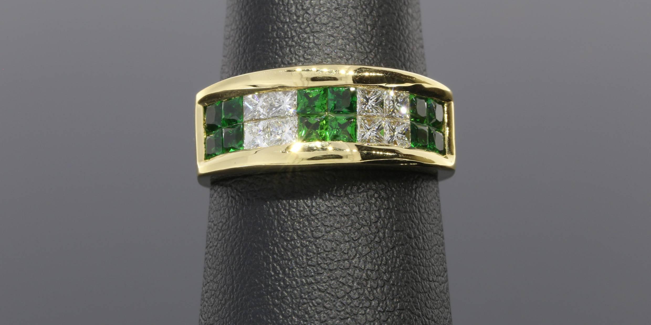 Women's Princess Tsavorite Garnet Diamond Gold Band Ring