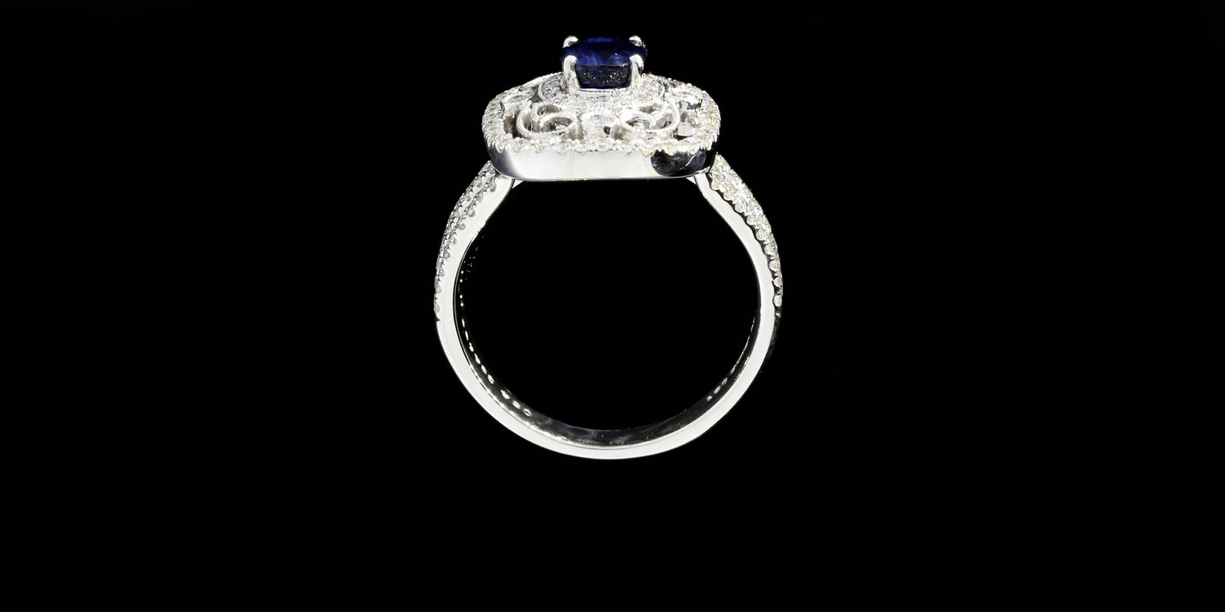 Simon G 1.55 Carats Blue Sapphires Diamond Gold Filigree Duchess Ring In New Condition In Columbia, MO