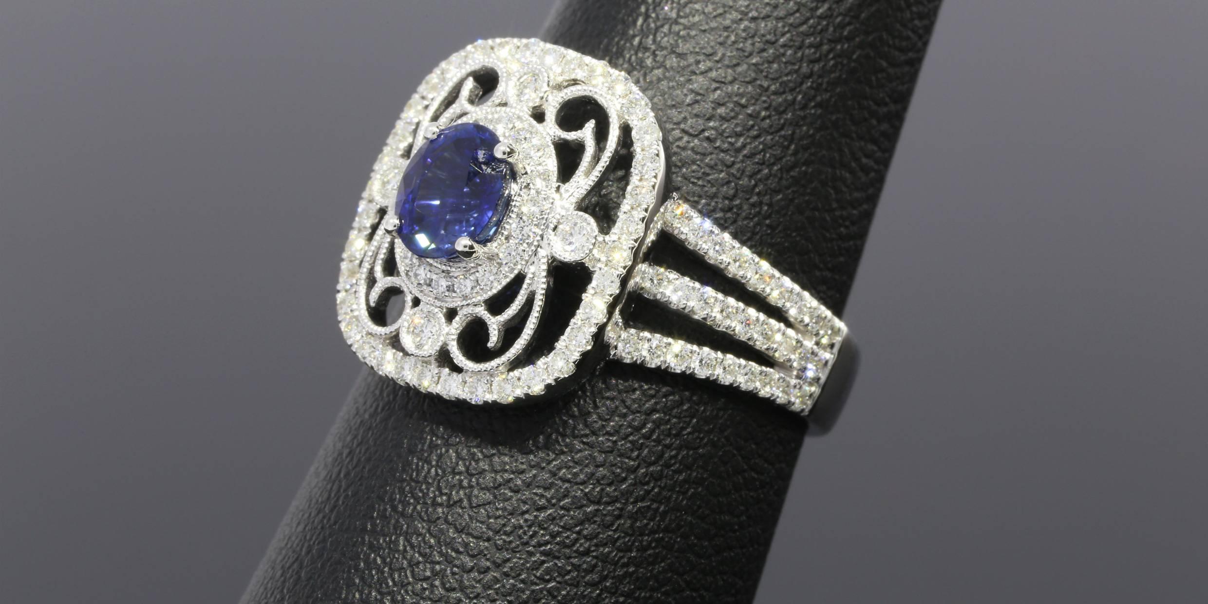Art Deco Simon G 1.55 Carats Blue Sapphires Diamond Gold Filigree Duchess Ring