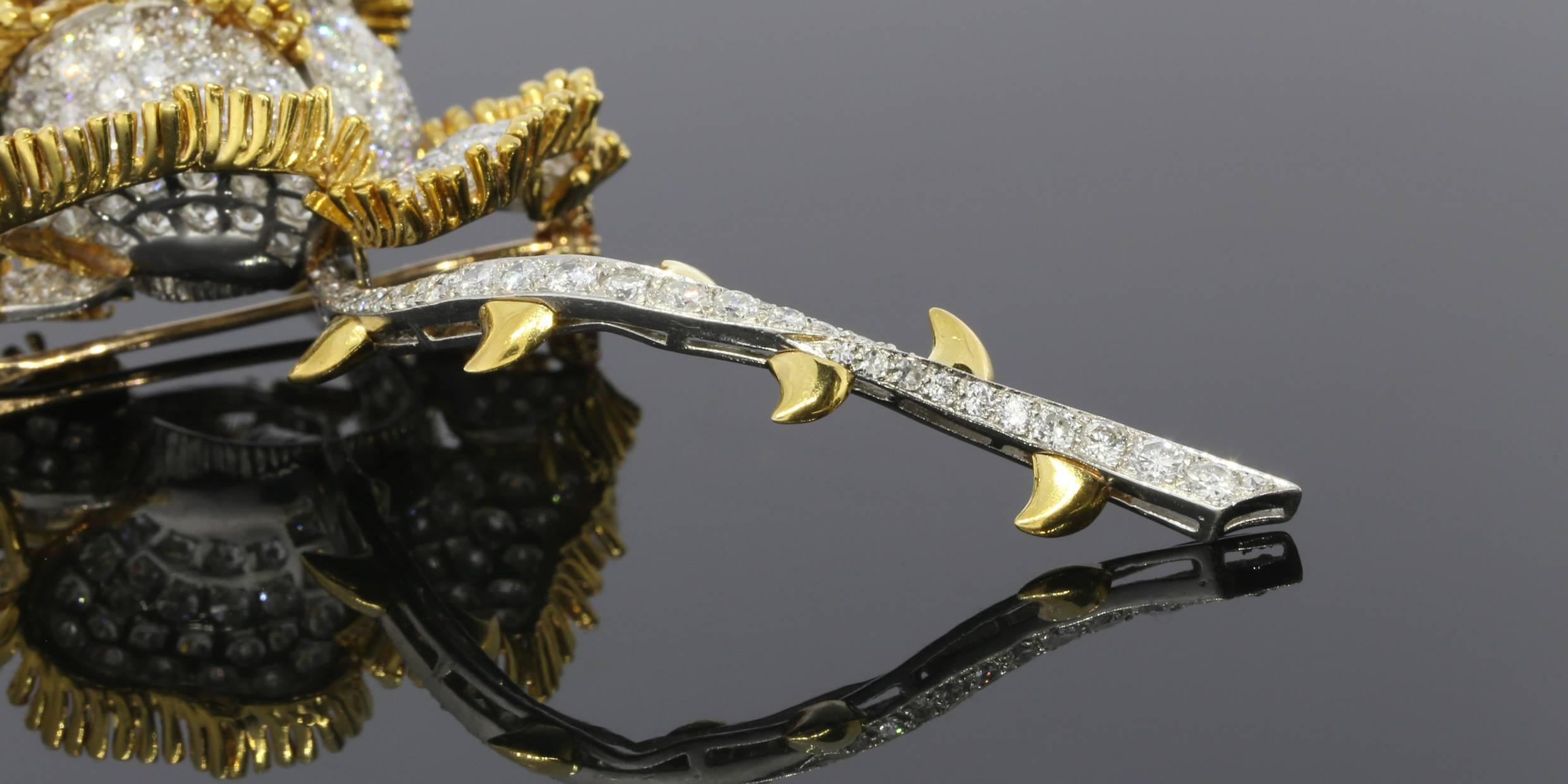 Impressive 11 Carat Brilliant Diamonds Gold Rose Flower Pin Brooch For Sale 2