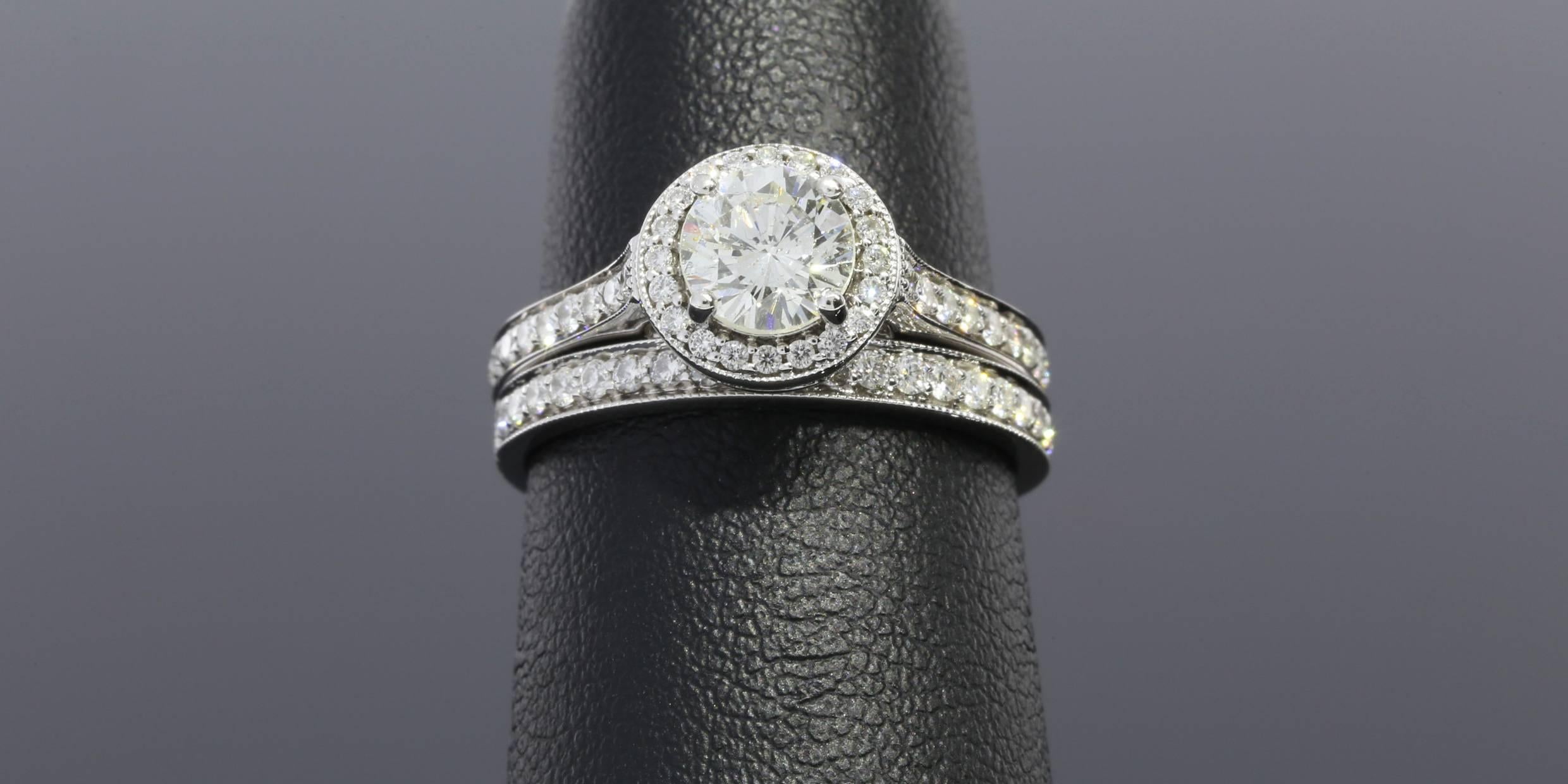 .73 Carat Round Diamond Gold Halo Engagement Ring and Wedding Band Set 3