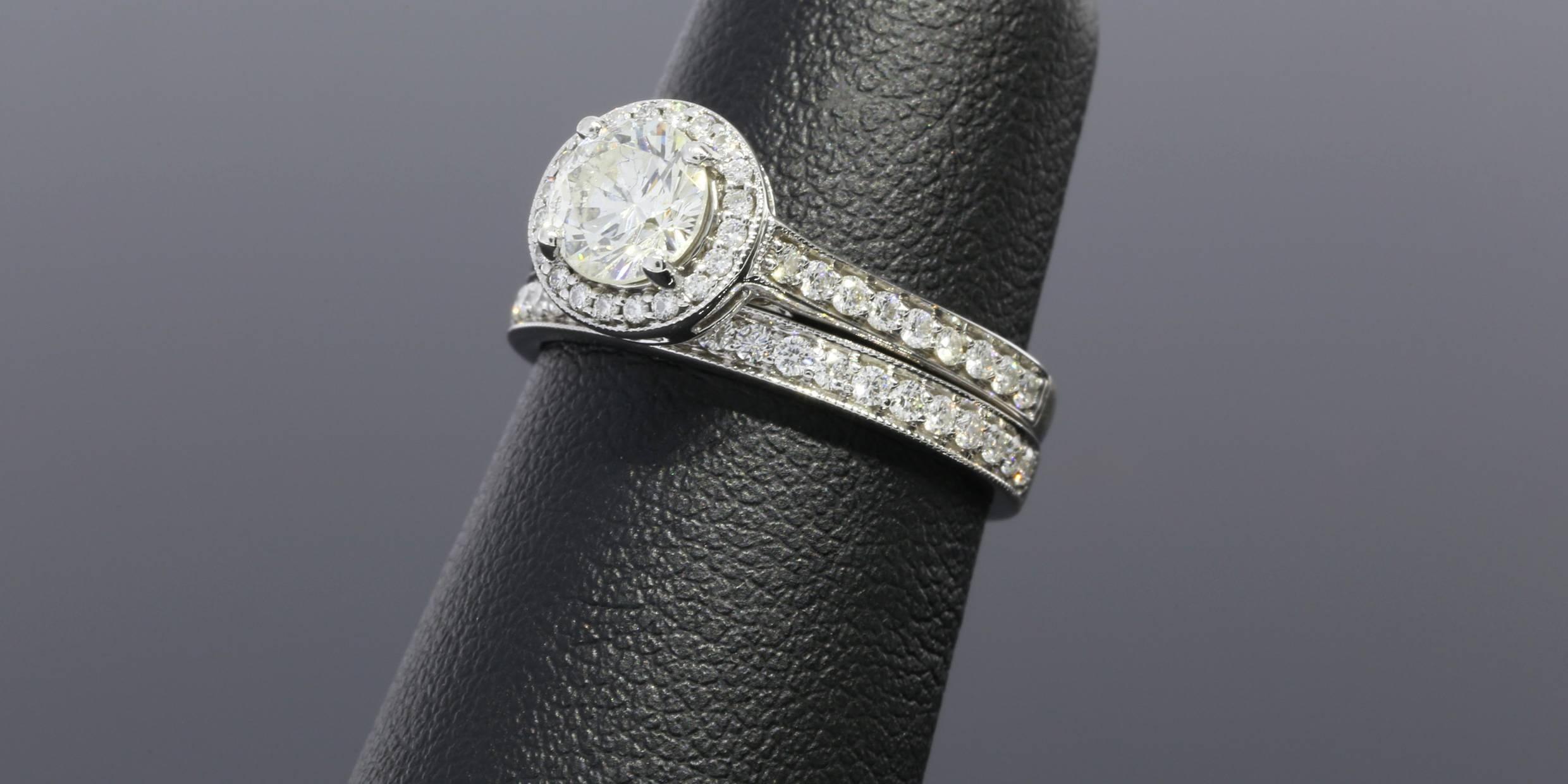 .73 Carat Round Diamond Gold Halo Engagement Ring and Wedding Band Set 4