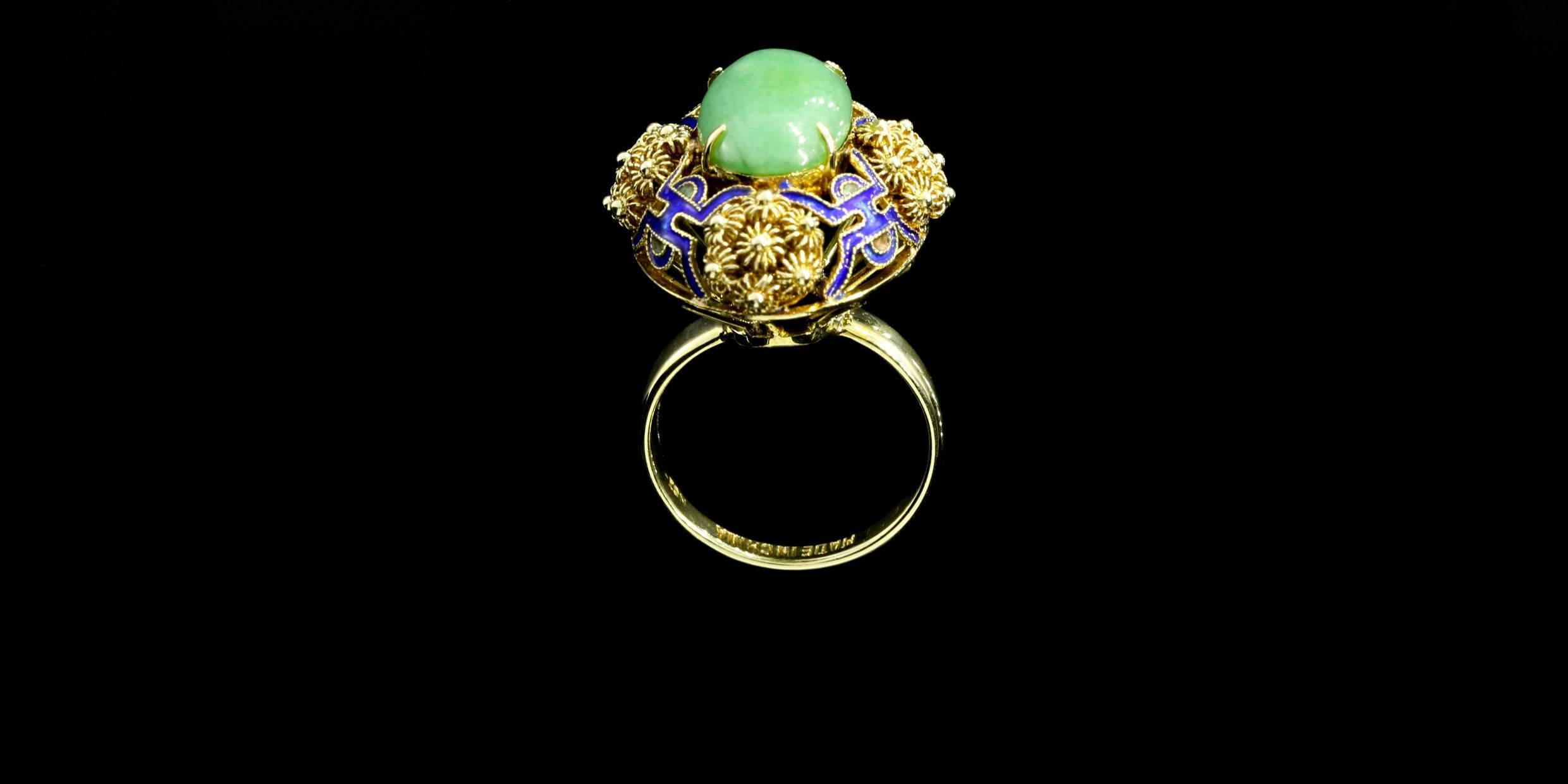 Women's Oval Jade Blue Enamel Gold Flower Ring