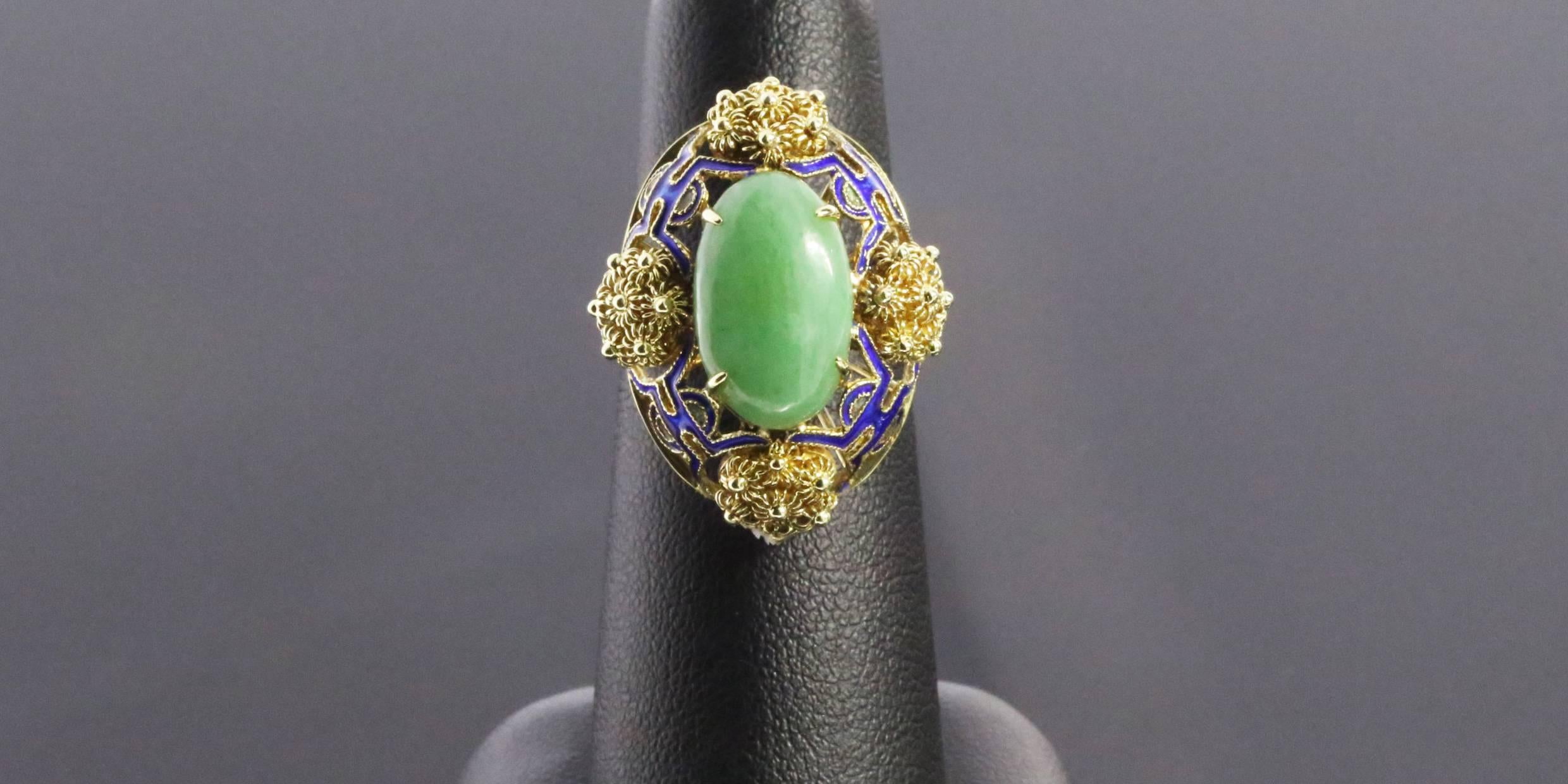 Oval Jade Blue Enamel Gold Flower Ring 1