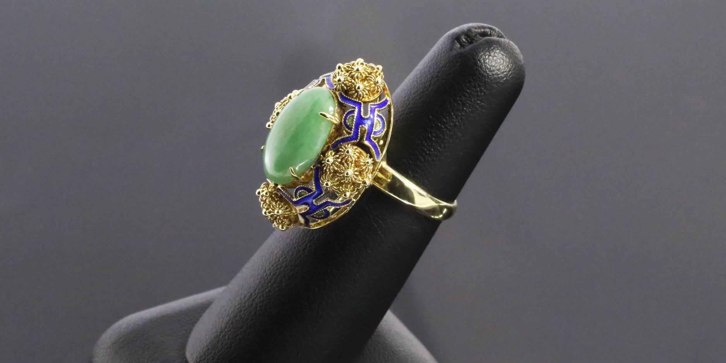 Oval Jade Blue Enamel Gold Flower Ring 2