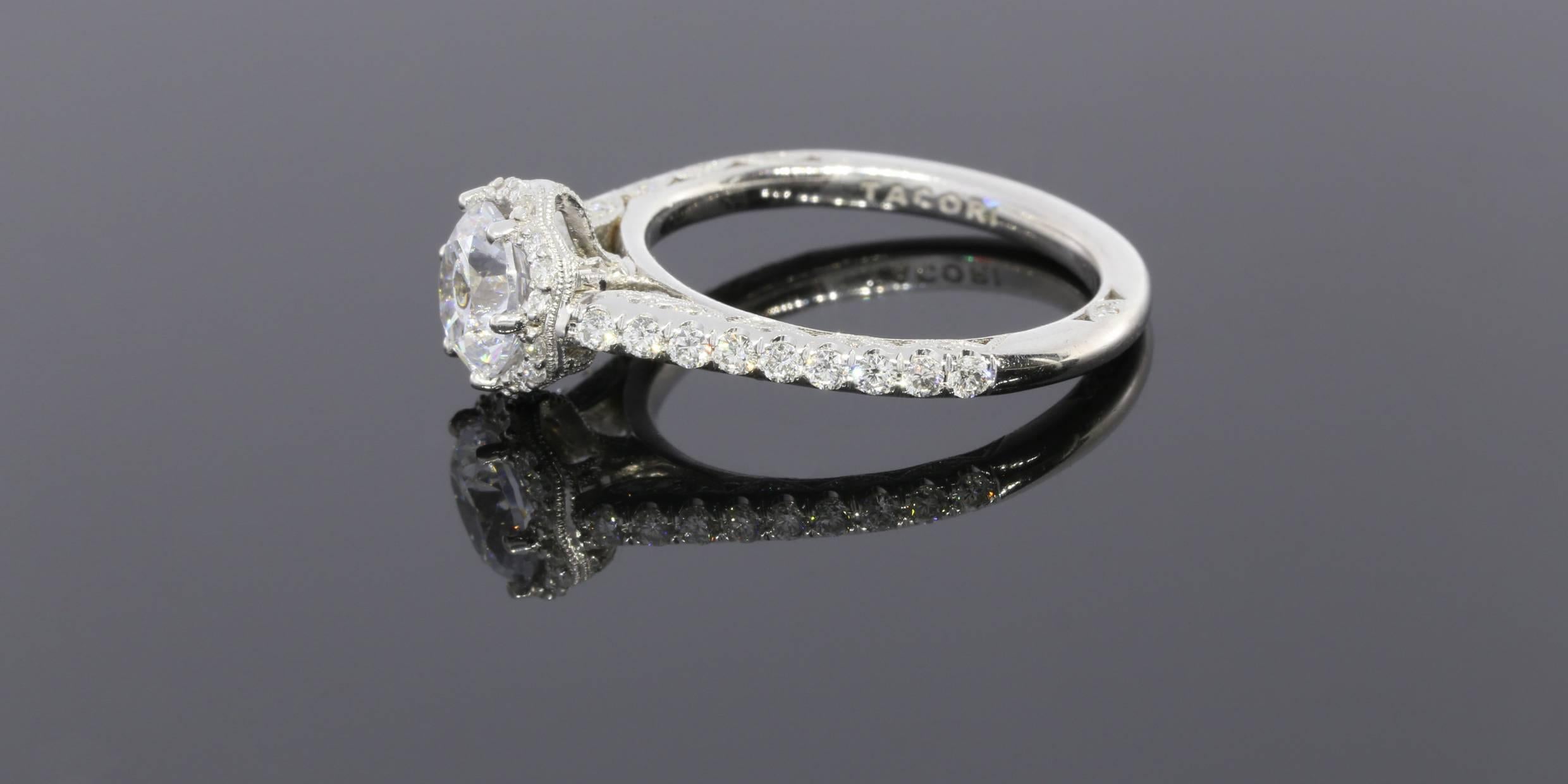 This gorgeous engagement ring is from the elite designer Tacori. Tacori is known for creating some of the most desired rings in the world. Their quality of craftsmanship is stunning, & their intricate engravings & detailed designs are breath taking,