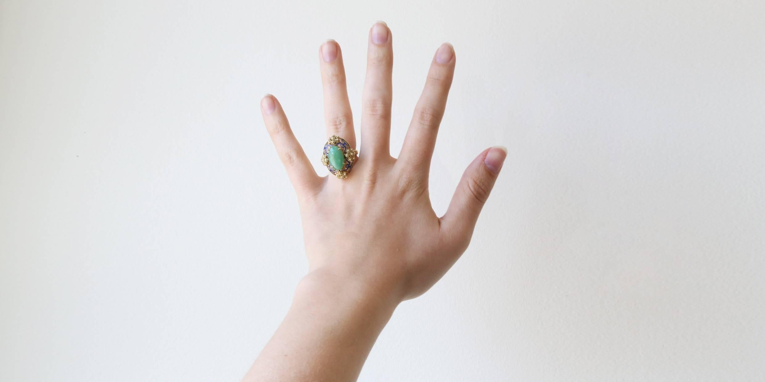 Schöner blauer Emaille Jade Gold Blume Ring Damen