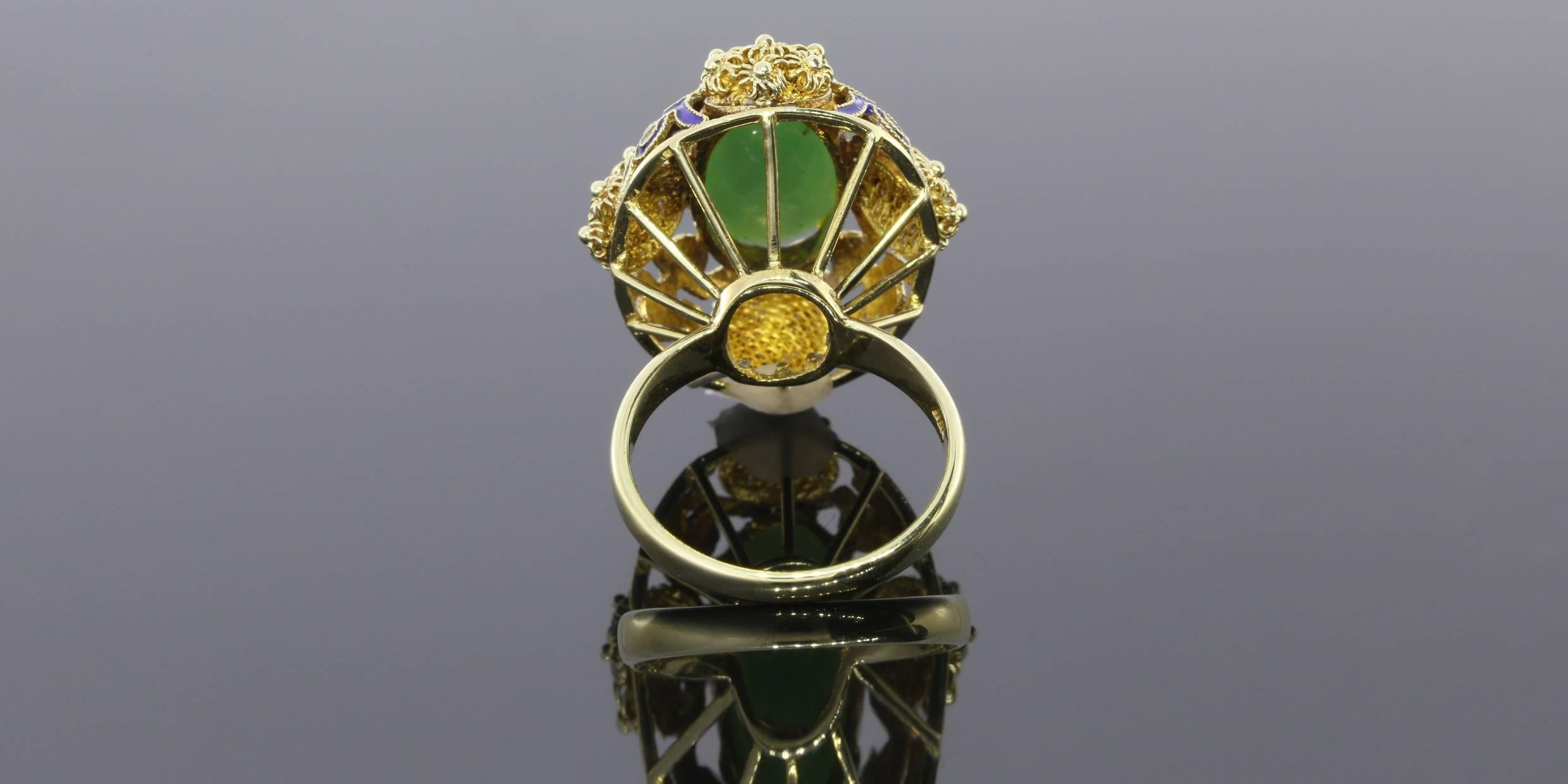 Schöner blauer Emaille Jade Gold Blume Ring im Zustand „Hervorragend“ in Columbia, MO