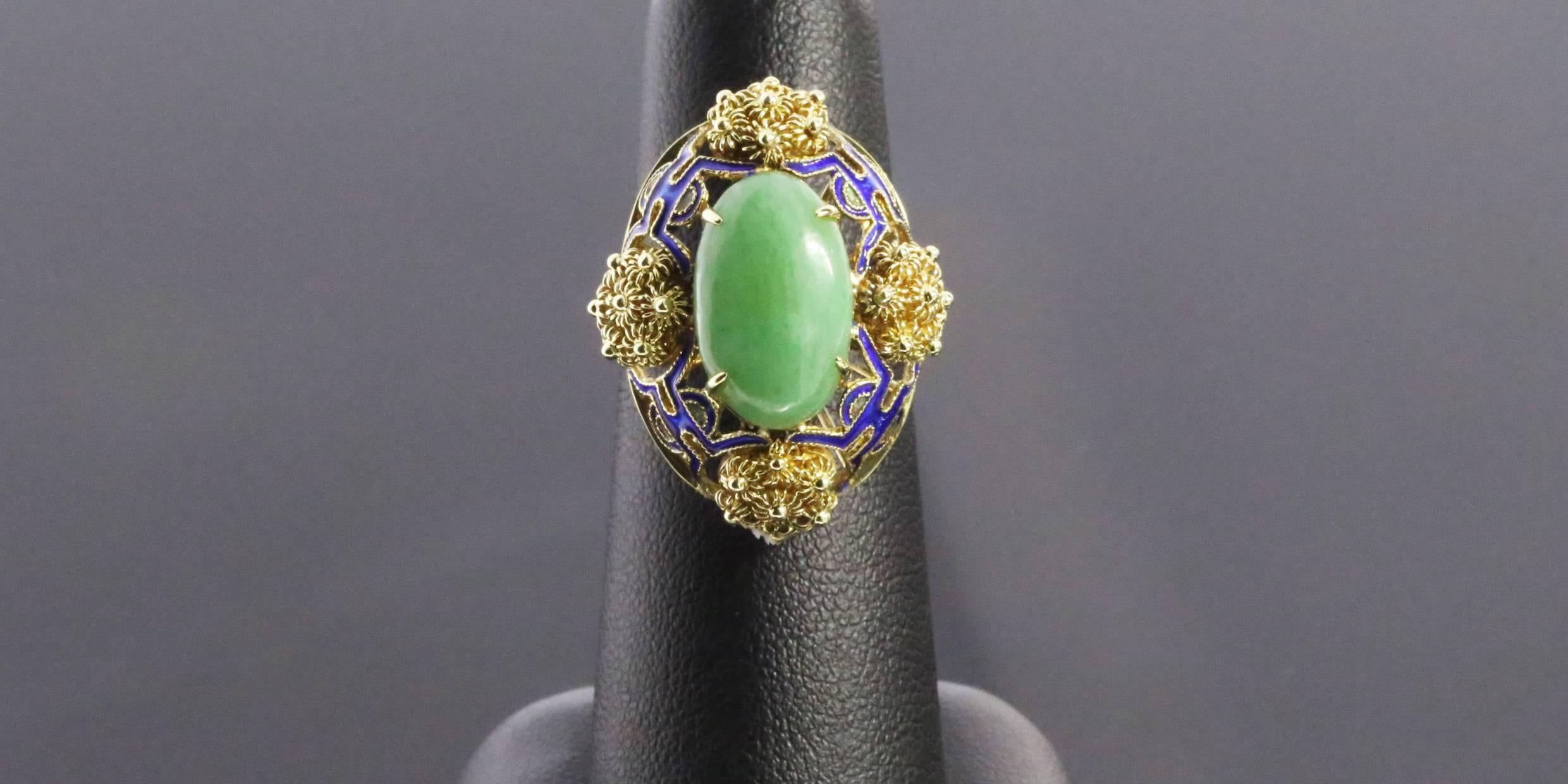 Schöner blauer Emaille Jade Gold Blume Ring 1