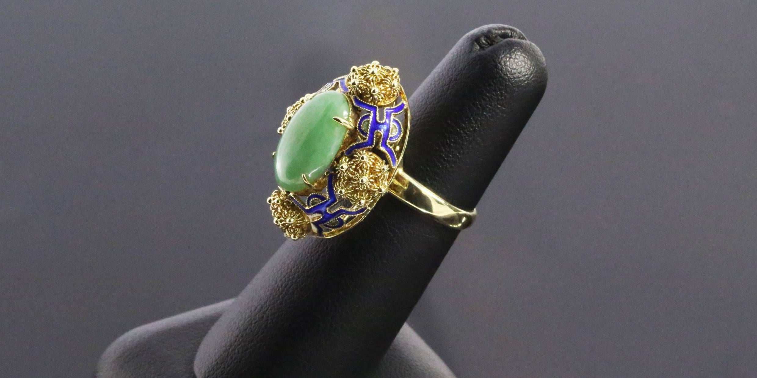 Schöner blauer Emaille Jade Gold Blume Ring 2