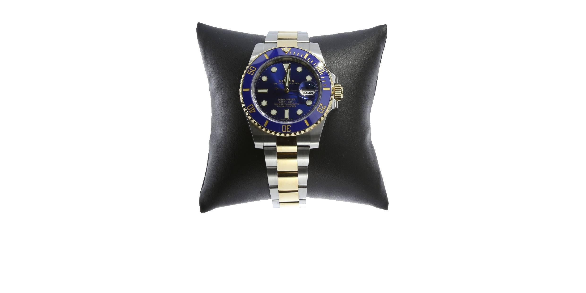 Rolex Yellow Gold Stainless Steel Blue Dial Submariner Wristwatch Ref 116613 In Excellent Condition In Columbia, MO