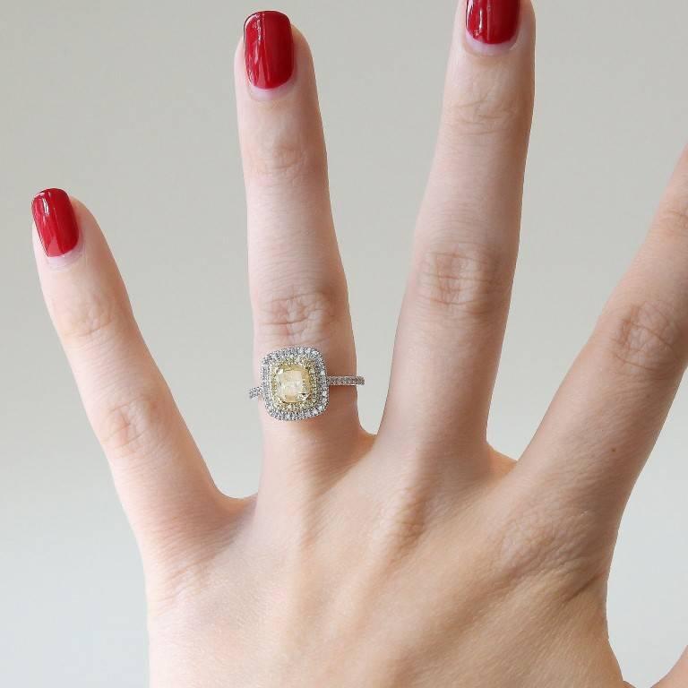 Women's 1.12 Carat GIA Cert Canary Yellow Cushion Diamond Double Halo Engagement Ring