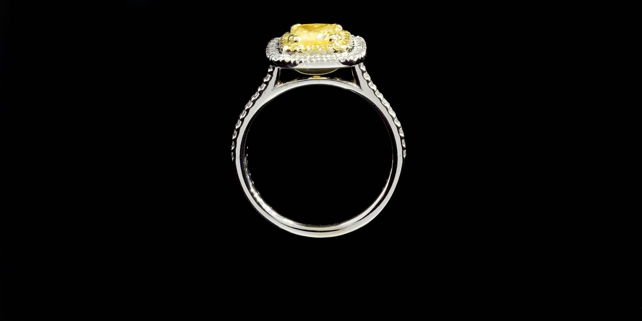 1.12 Carat GIA Cert Canary Yellow Cushion Diamond Double Halo Engagement Ring 1