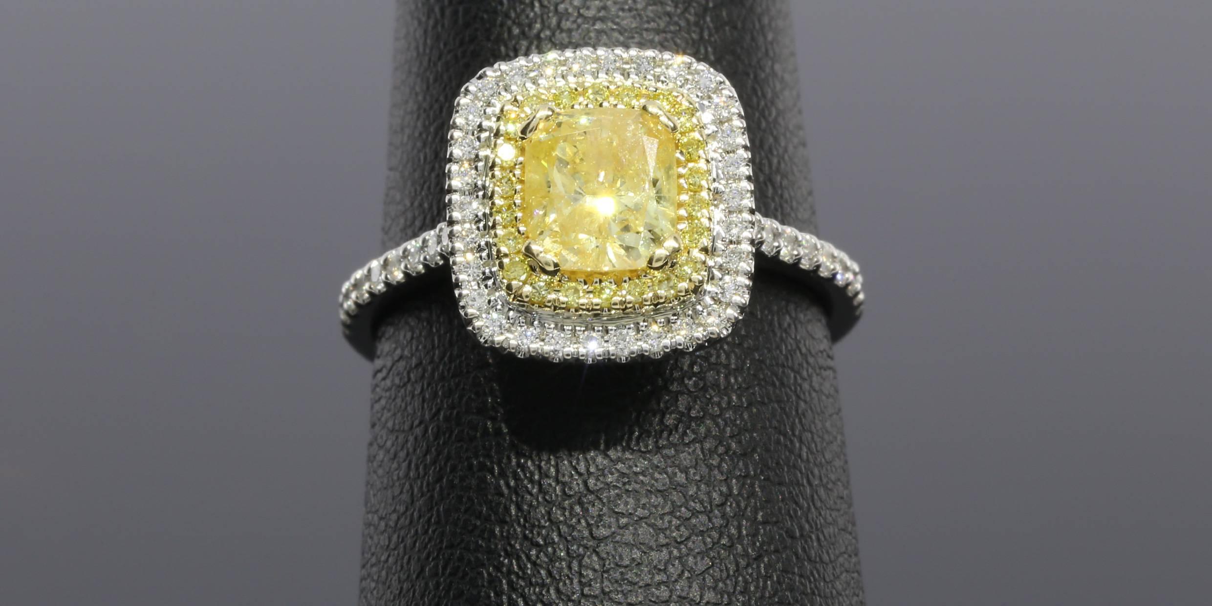 1.12 Carat GIA Cert Canary Yellow Cushion Diamond Double Halo Engagement Ring 2