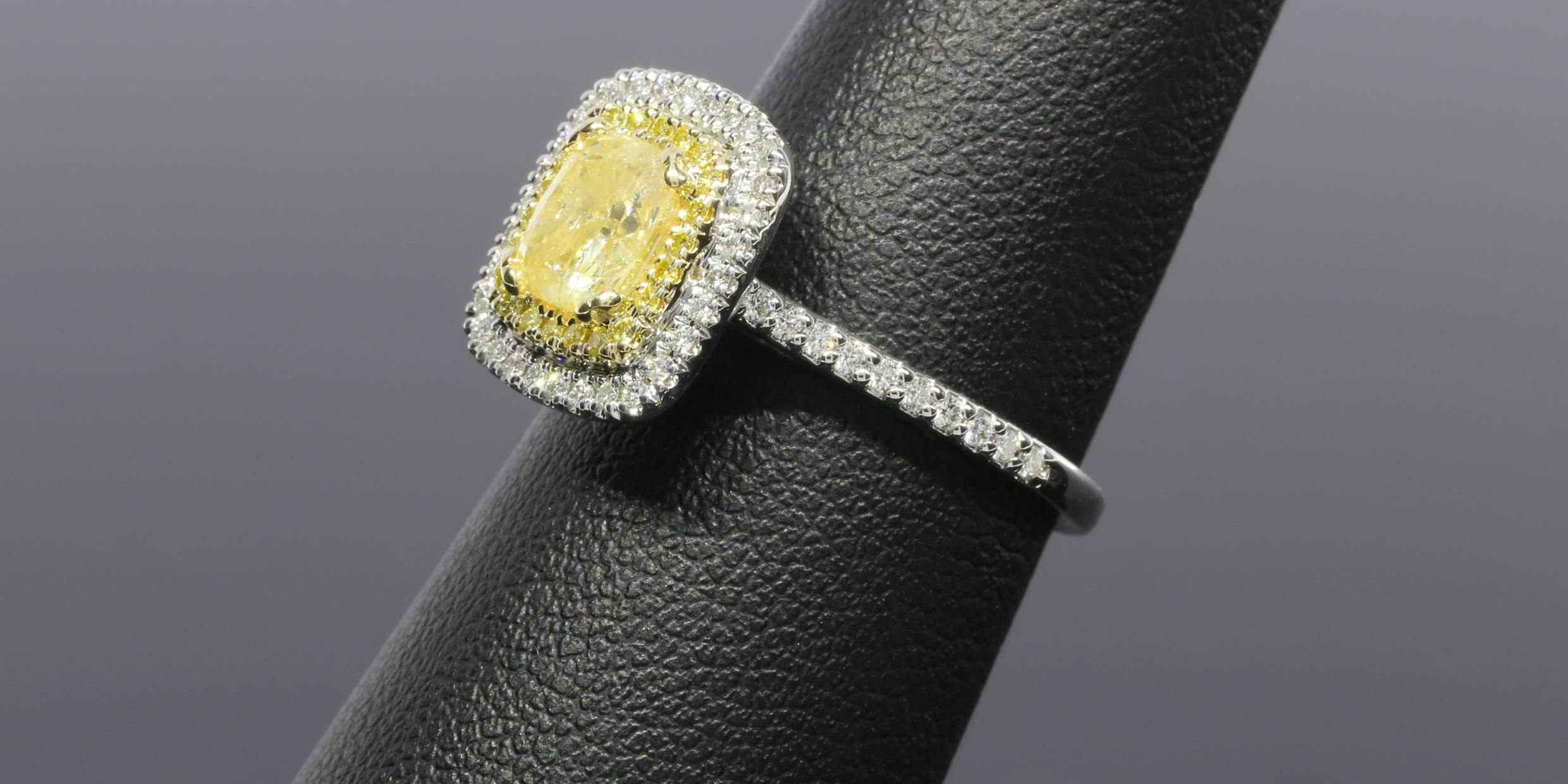 1.12 Carat GIA Cert Canary Yellow Cushion Diamond Double Halo Engagement Ring 3
