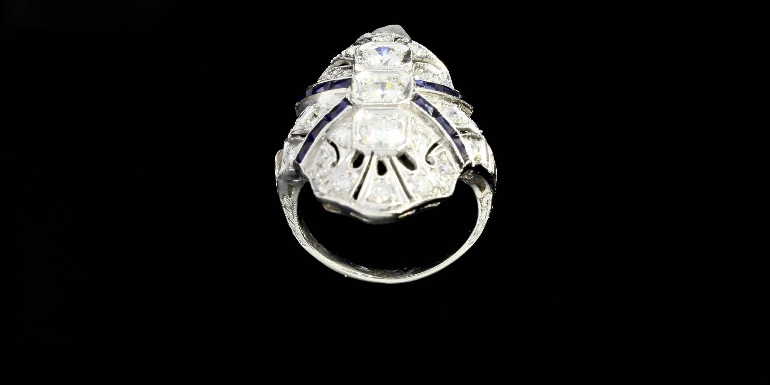 Art Deco Sapphire Diamond Platinum Filigree Ring 2