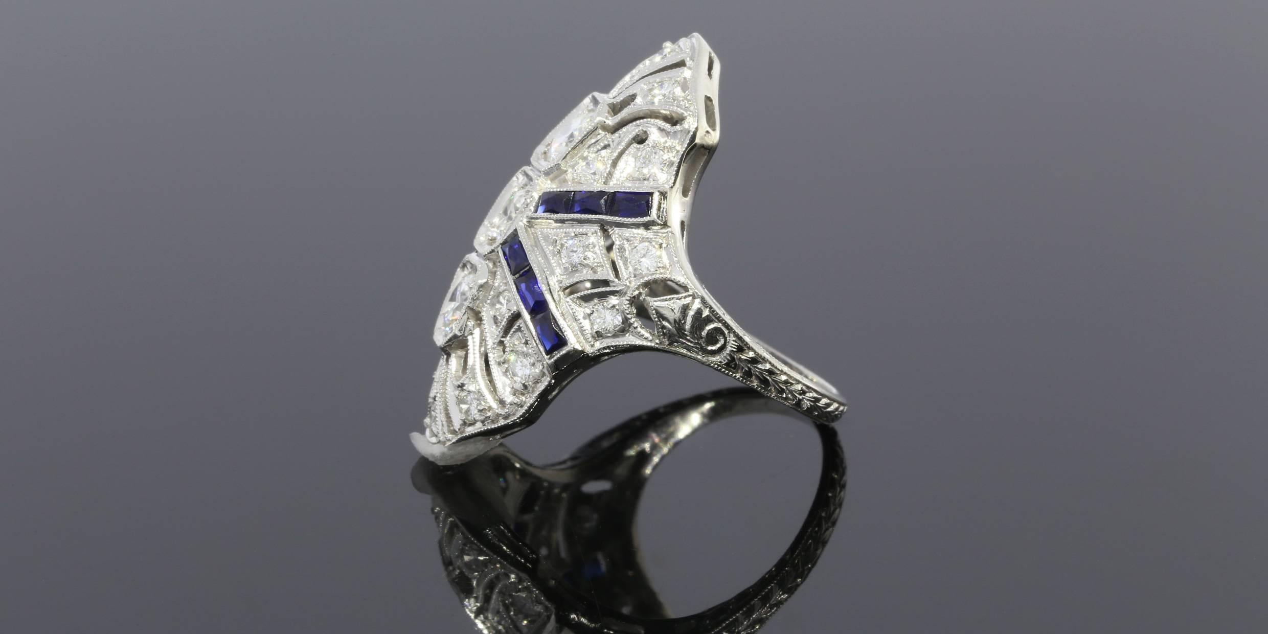 Women's Art Deco Sapphire Diamond Platinum Filigree Ring