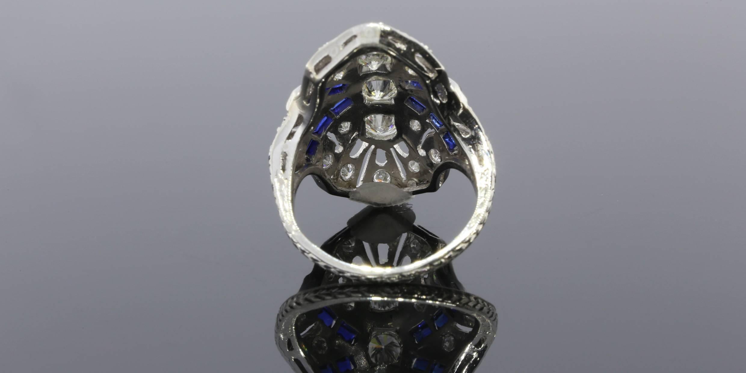 Art Deco Sapphire Diamond Platinum Filigree Ring 1