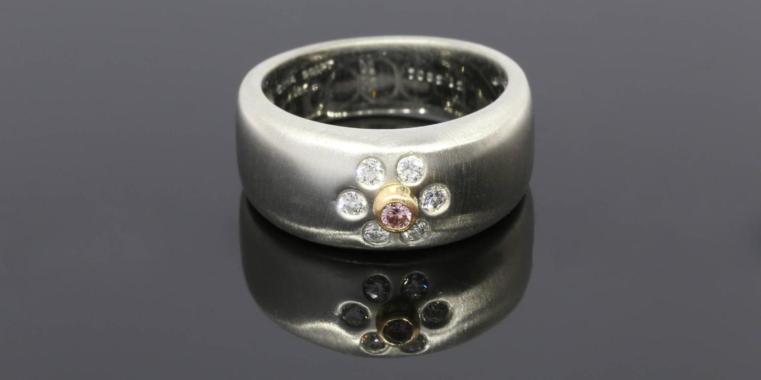 Suna Brothers Pink And White Diamond Gold Platinum Flower Band Ring Suna Brothers Pink And White Diamond Gold Platinum Flower Band Ring At 1stdibs