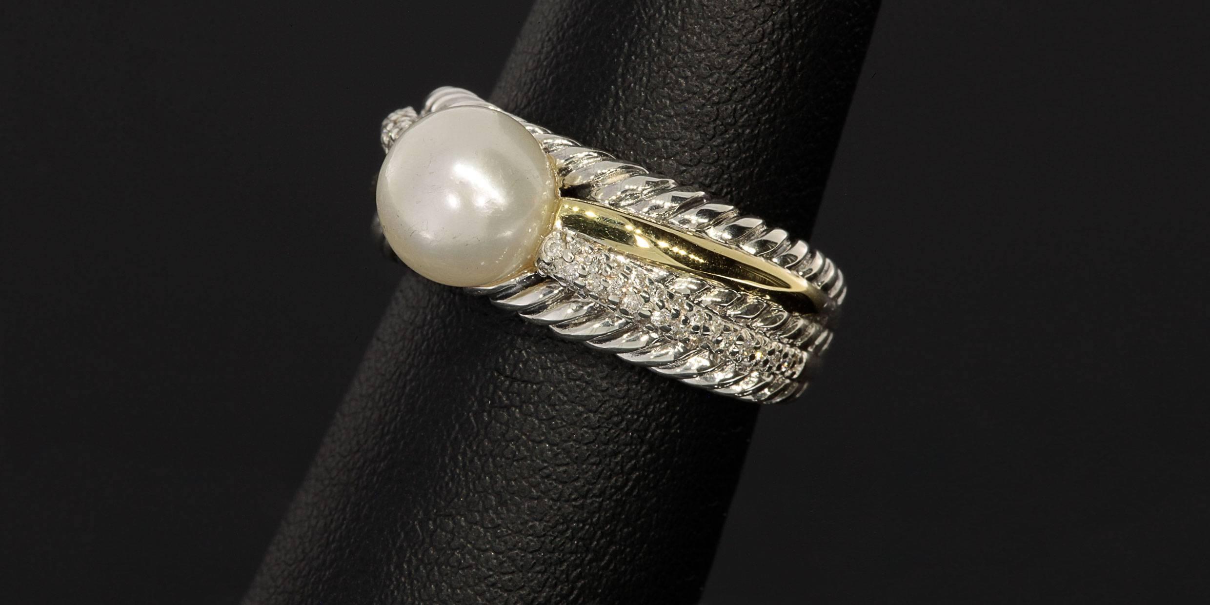 David Yurman Pearl Diamond Silver Gold Crossover Multi-Row Ring In Excellent Condition In Columbia, MO