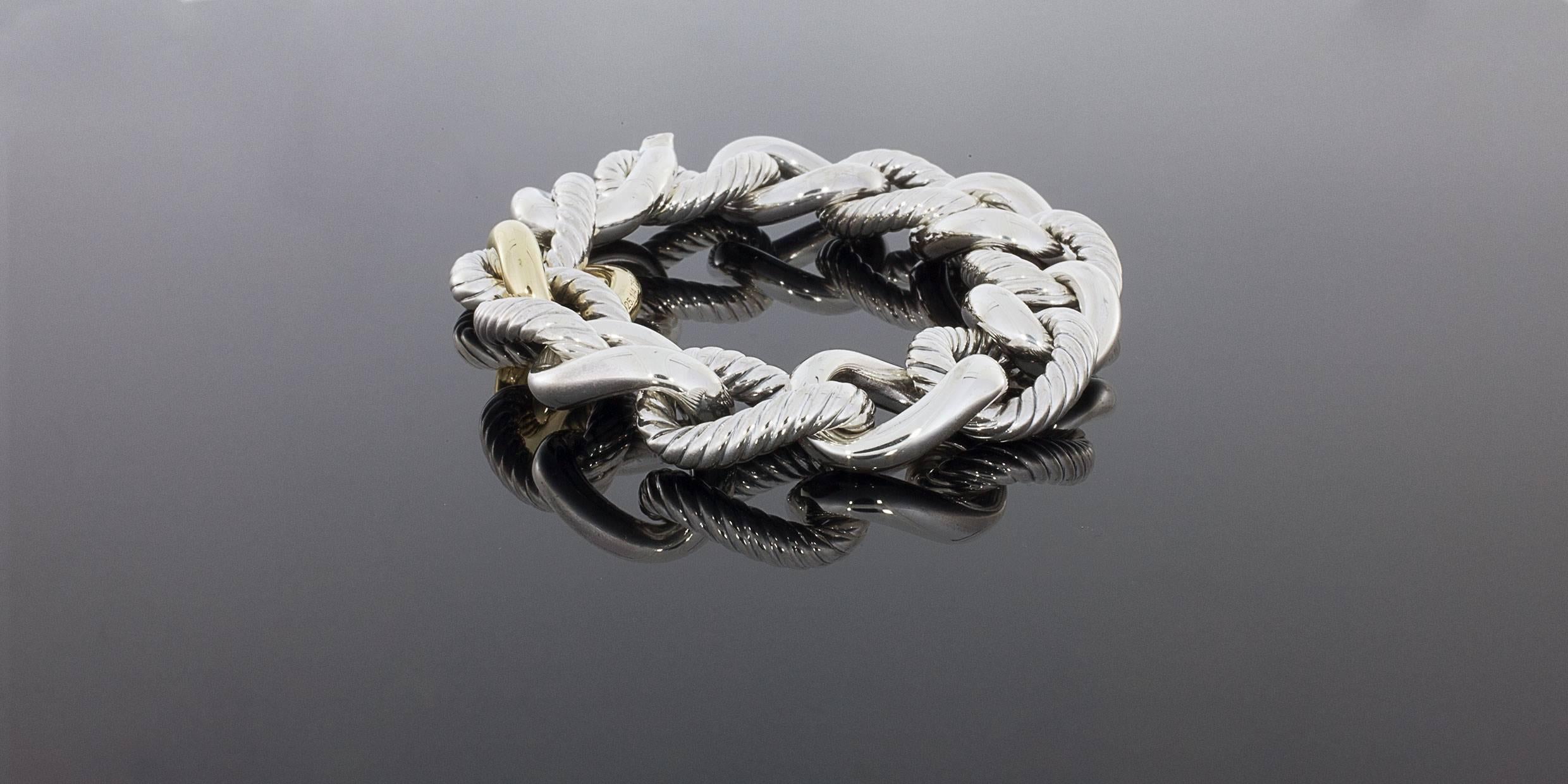 David Yurman Silver and Gold Belmont Curb Link Chain Bracelet In Excellent Condition In Columbia, MO