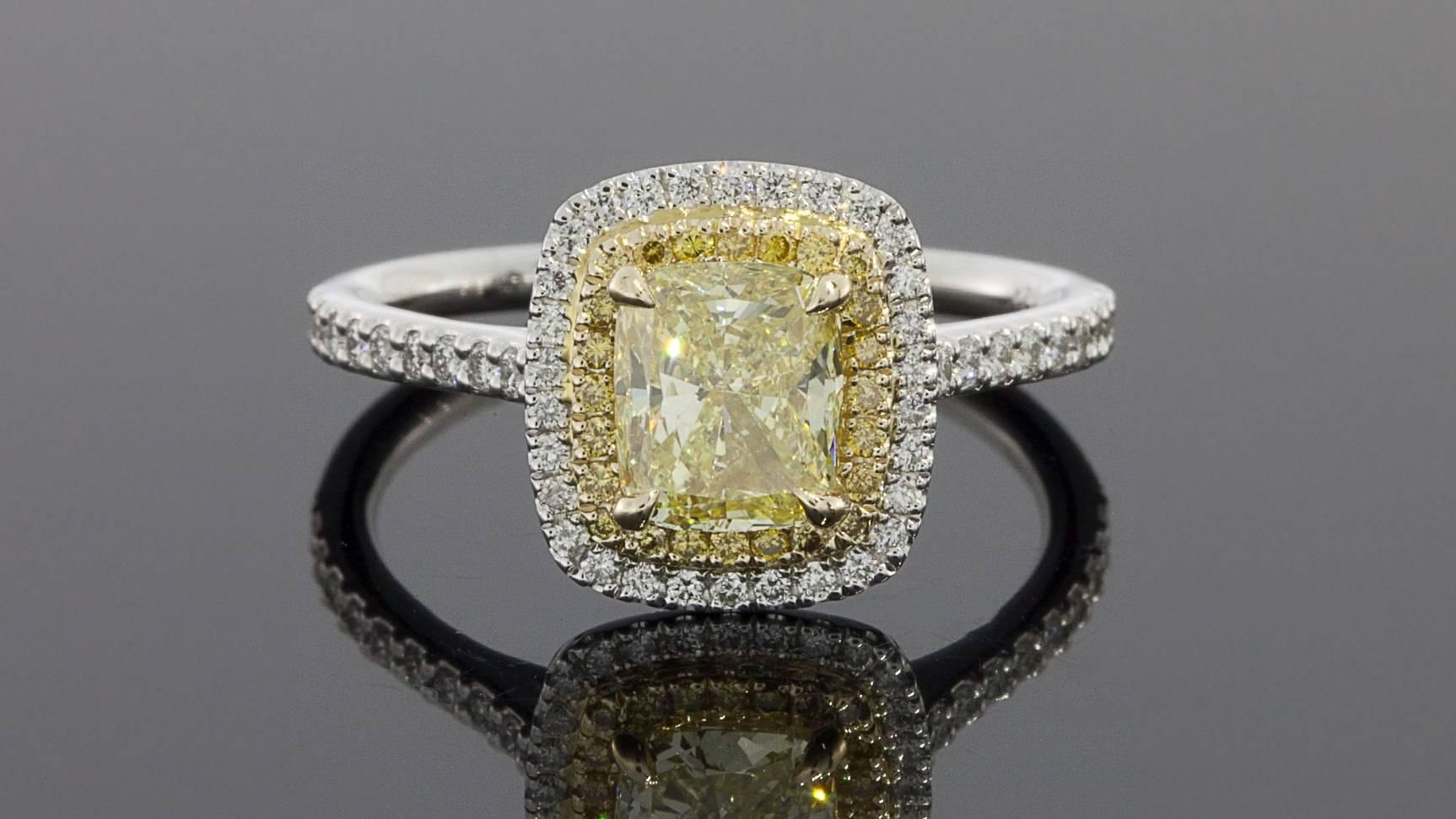 Custom 1.32 Carat GIA Cert Cushion Canary Diamond Halo Engagement Ring In New Condition In Columbia, MO