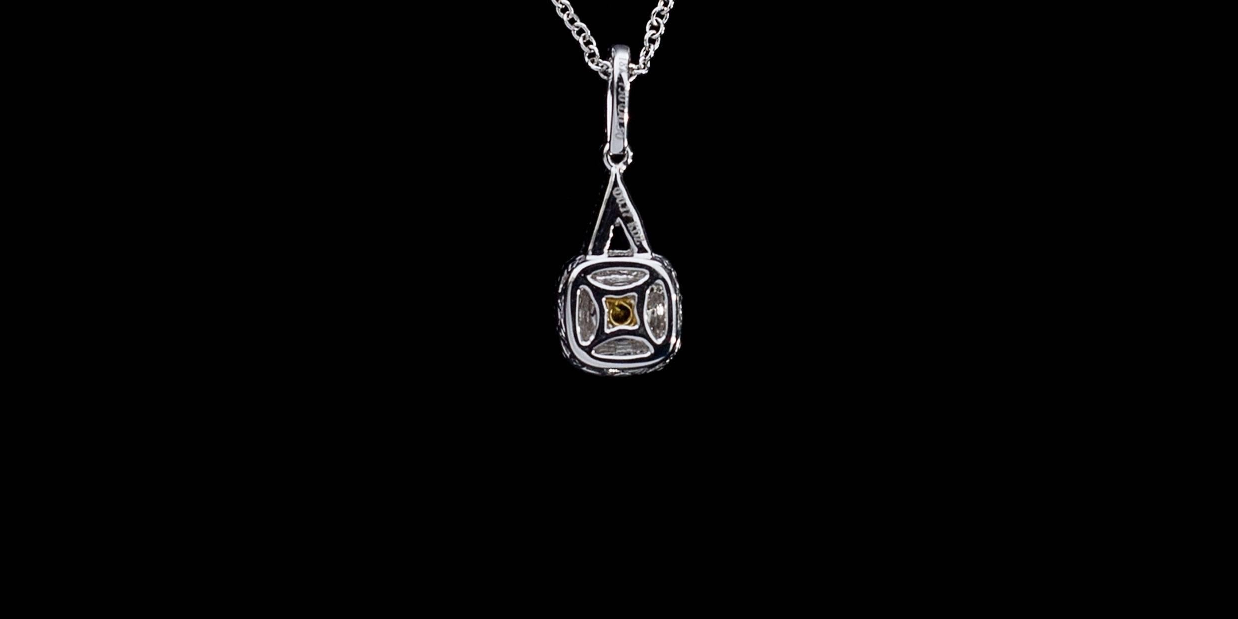 1.15 Carats Canary Cushion Diamond Halo Two Color Gold Pendant Necklace In New Condition In Columbia, MO