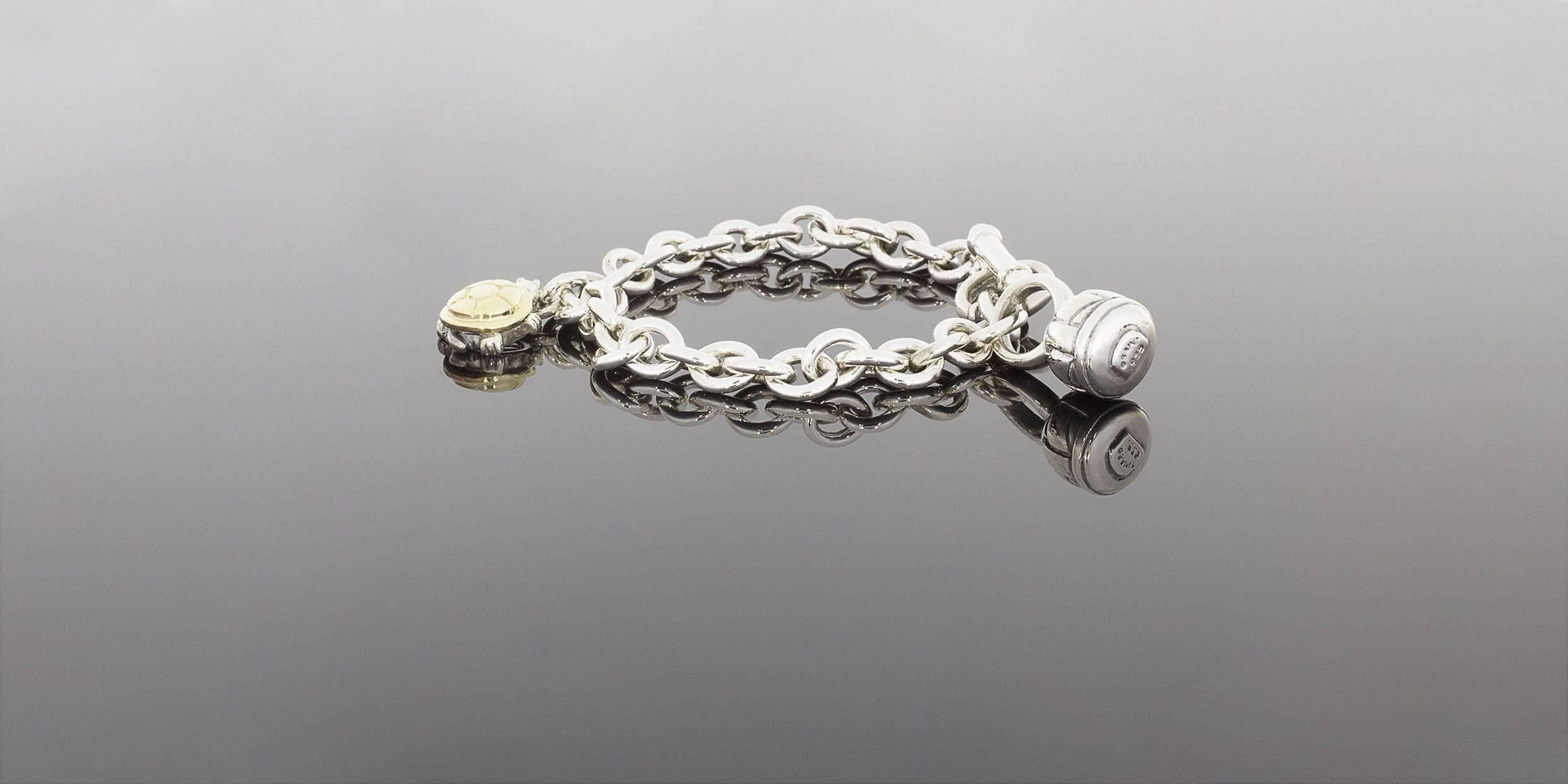 Saint by Sarah Jane Silver & Gold Sir Sheldon Turtle Open Link Charm Bracelet In Excellent Condition In Columbia, MO