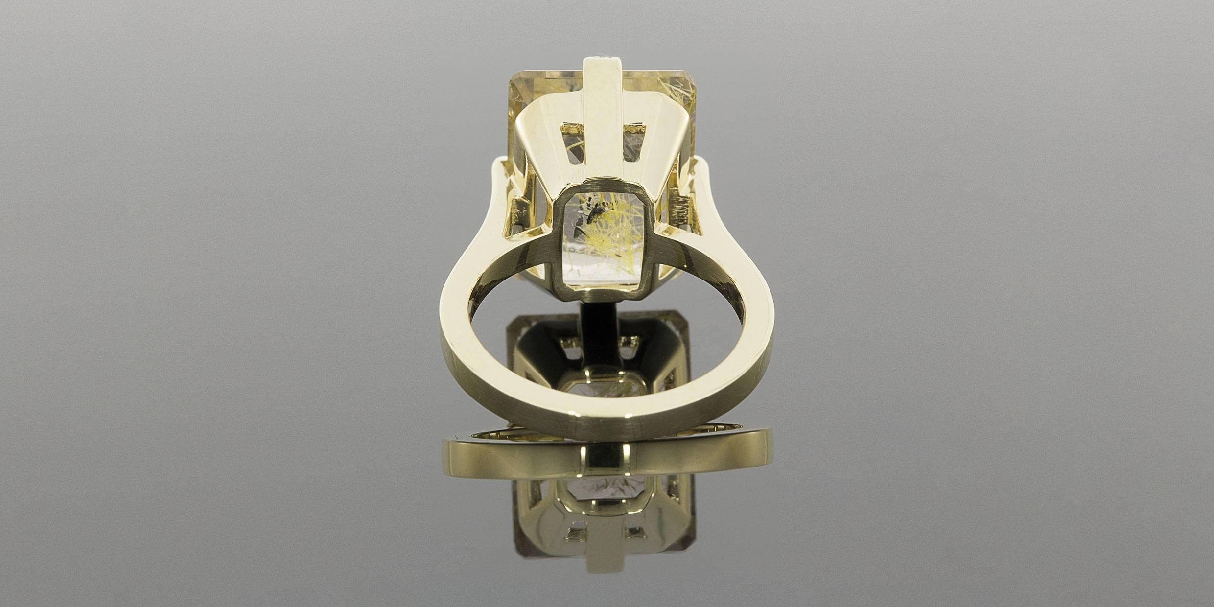 Emerald Cut Custom One-of-a-Kind Yellow Gold Certified Rutilated Quartz & Diamond Ring