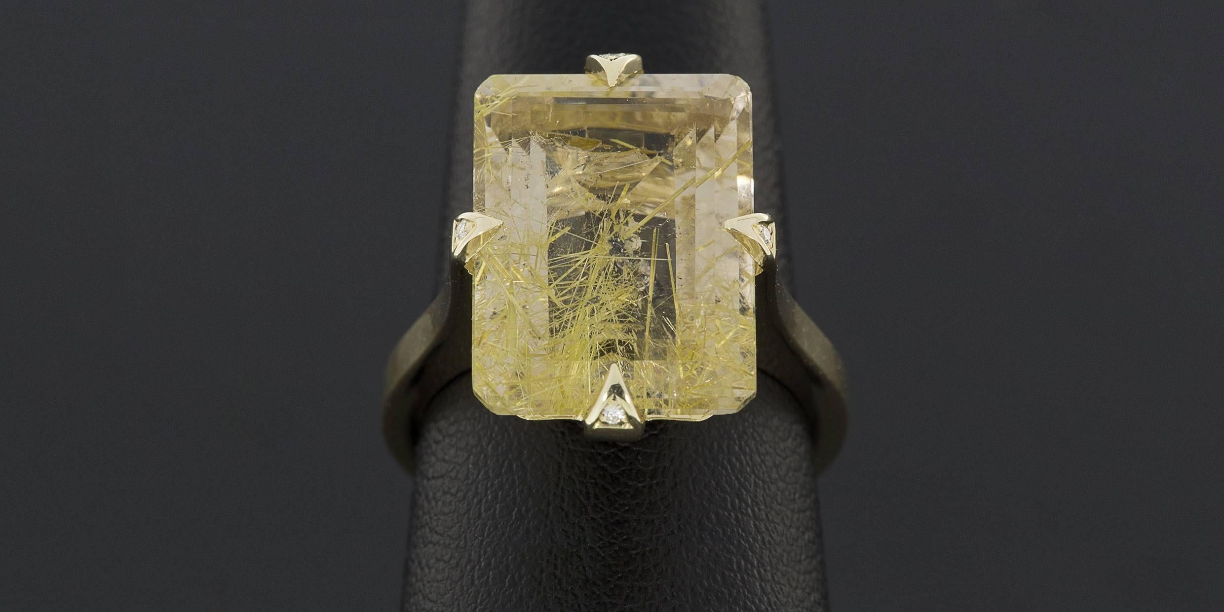 Women's Custom One-of-a-Kind Yellow Gold Certified Rutilated Quartz & Diamond Ring