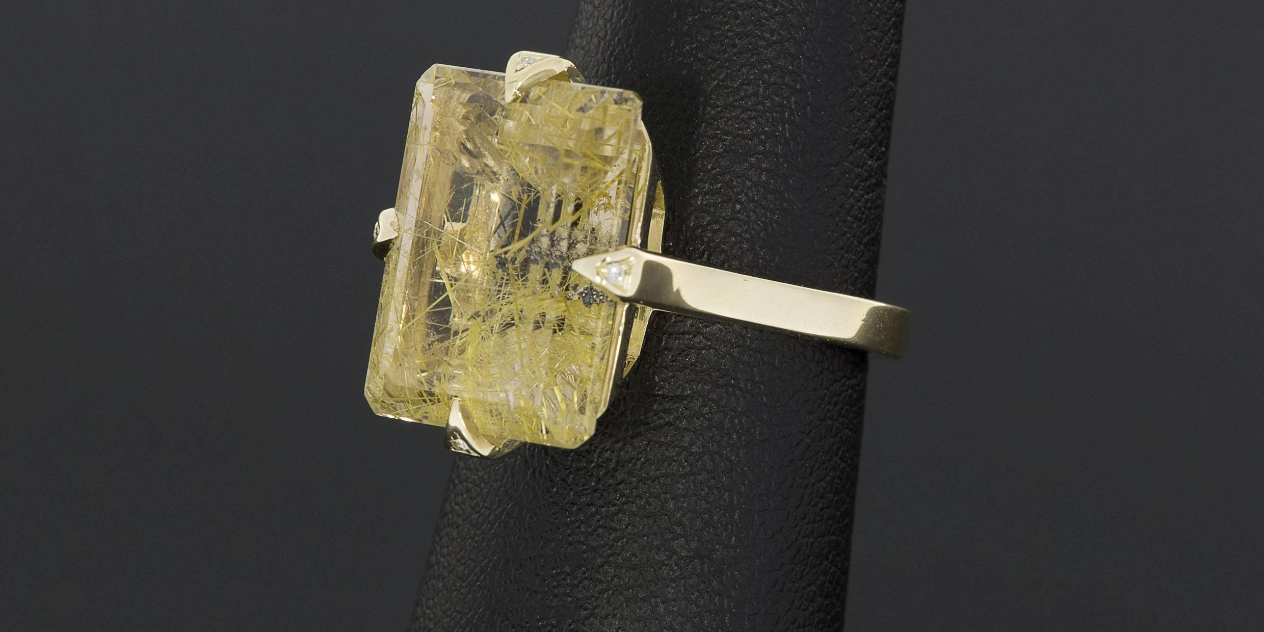 Custom One-of-a-Kind Yellow Gold Certified Rutilated Quartz & Diamond Ring 1