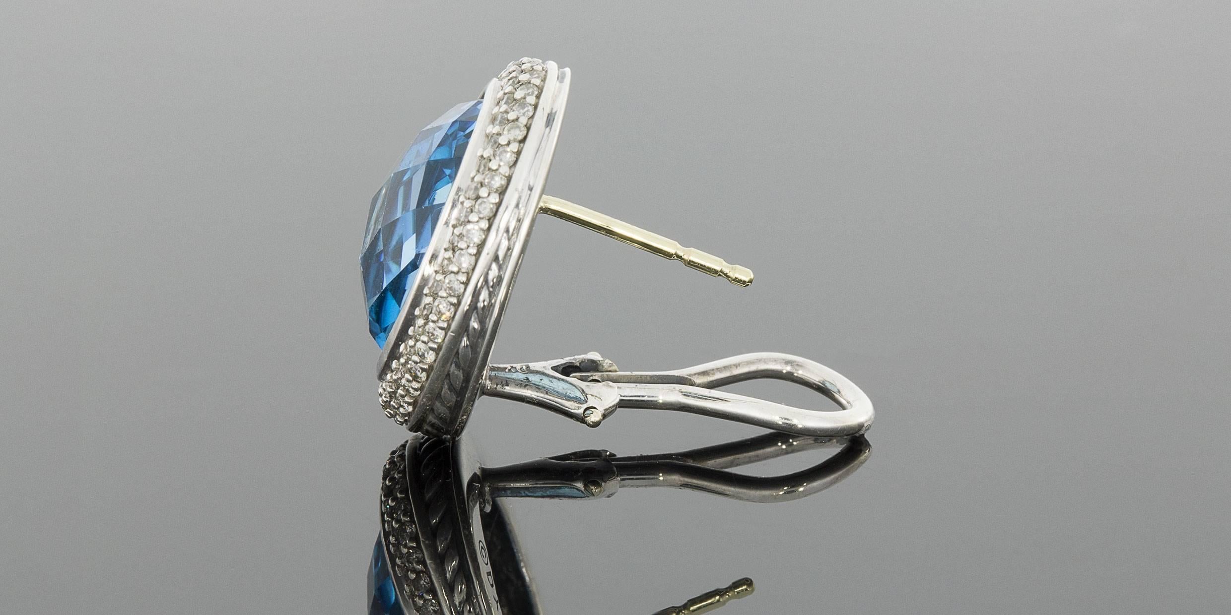 David Yurman Signature Oval Blue Topaz and Pave Diamond Cable Earrings In Excellent Condition In Columbia, MO