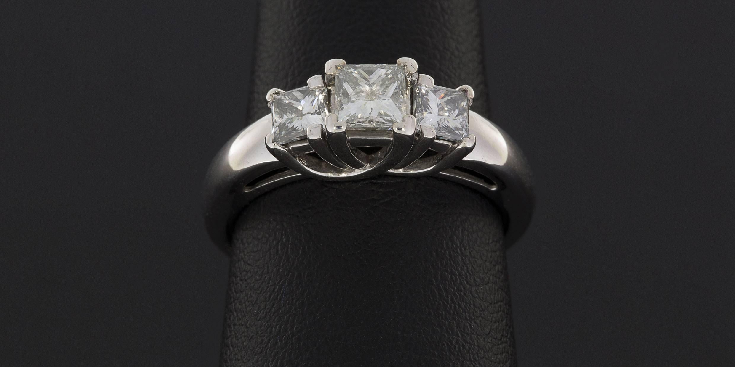 White Gold Princess Diamond Three-Stone Trellis Engagement Ring In Excellent Condition In Columbia, MO