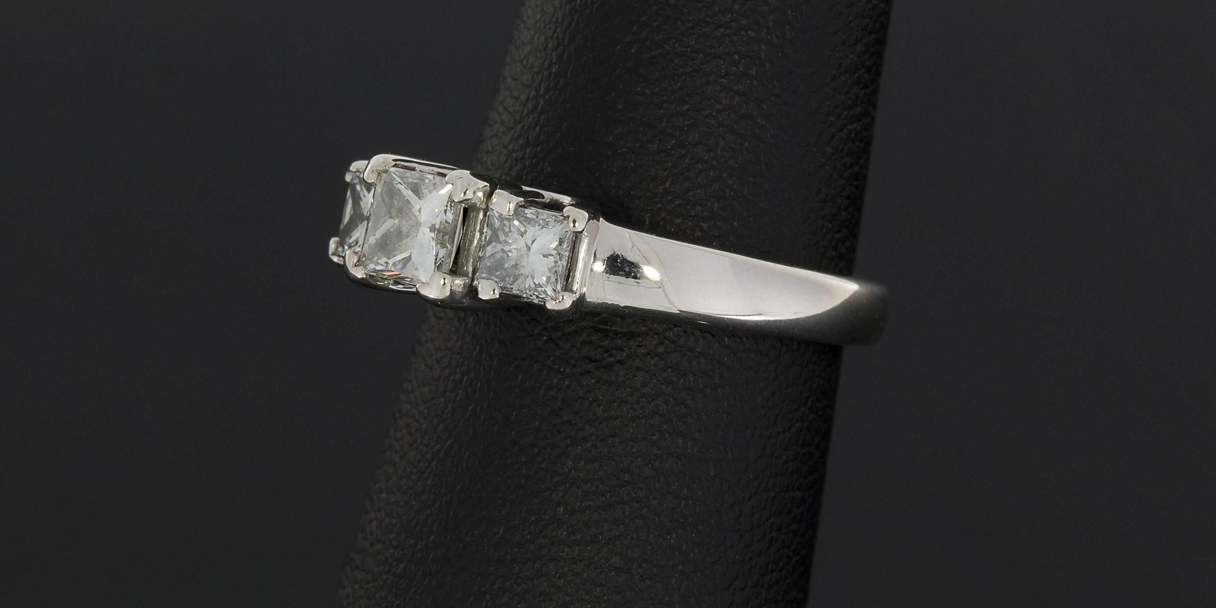 Women's White Gold Princess Diamond Three-Stone Trellis Engagement Ring