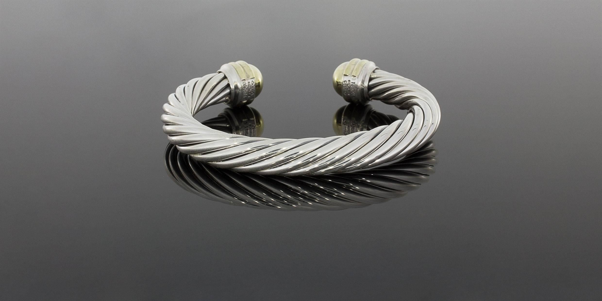 Ausgeschiedene David Yurman Silber & Gold 8mm Kabel Classics Manschette Armband 1