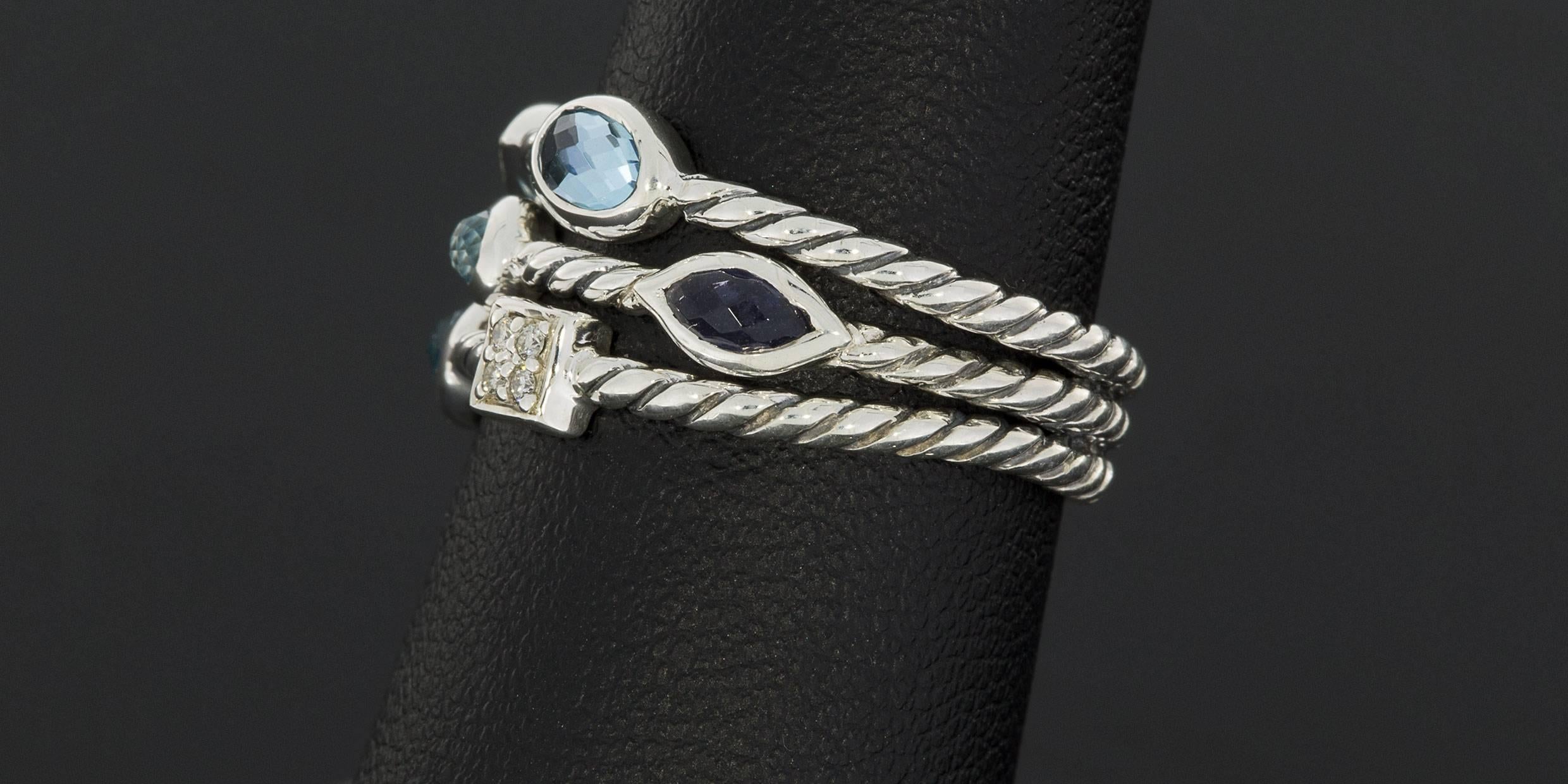 David Yurman Sterling Silver Blue Topaz, Iolite, & Diamond Confetti 3-Row Ring In Excellent Condition In Columbia, MO