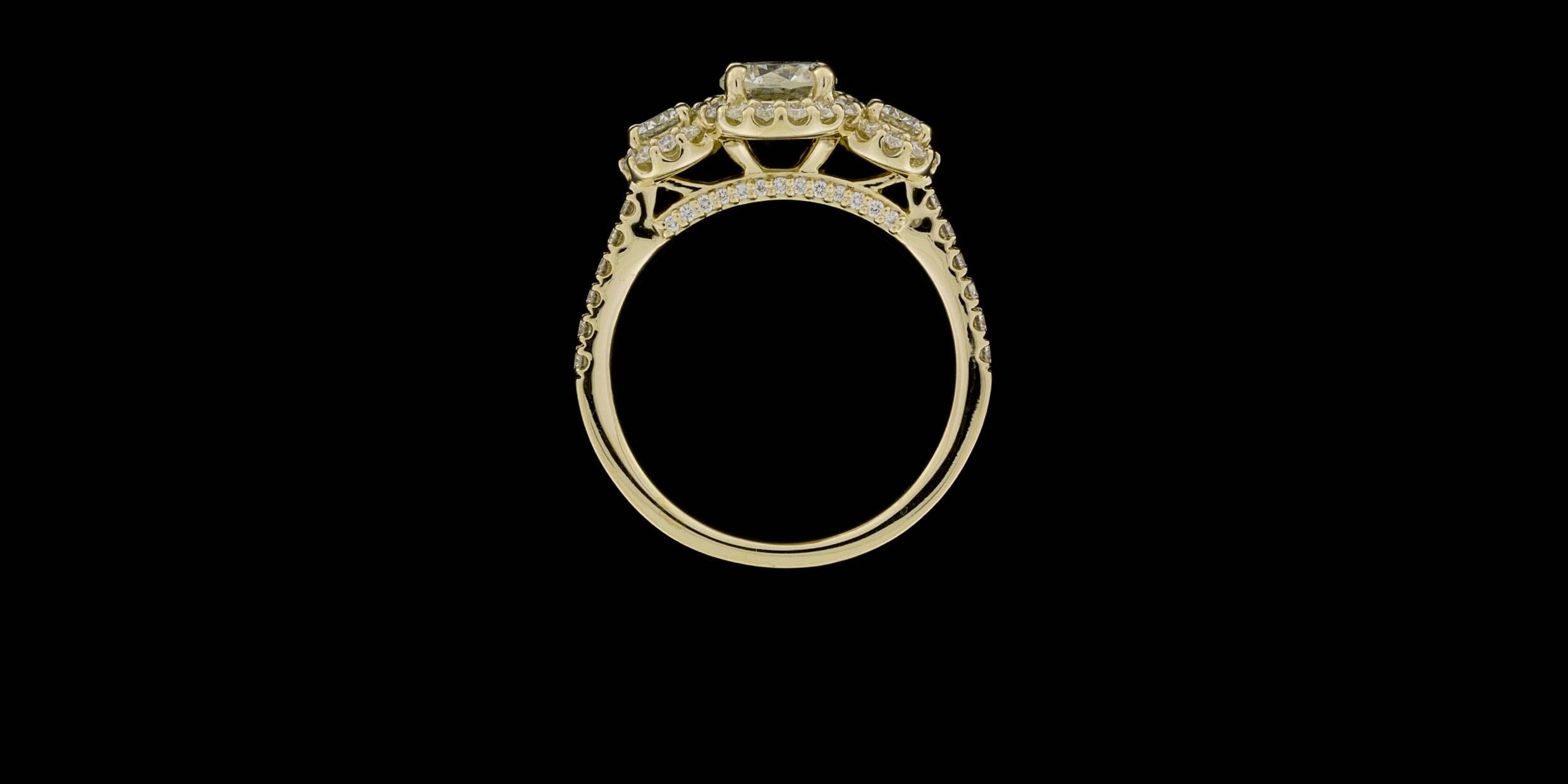Women's Ritani Gold 1.49 Carat Round Diamond GIA Certified Three-Stone Halo Ring