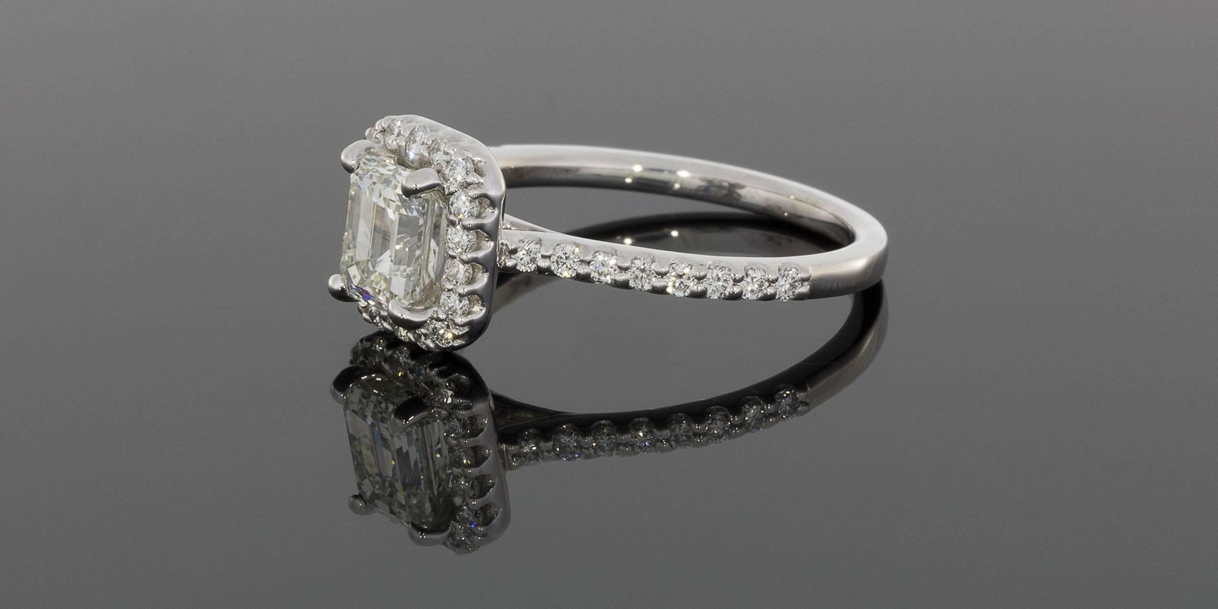 Women's Ritani White Gold 1.43 Carats Emerald Diamond GIA Certified Halo Engagement Ring