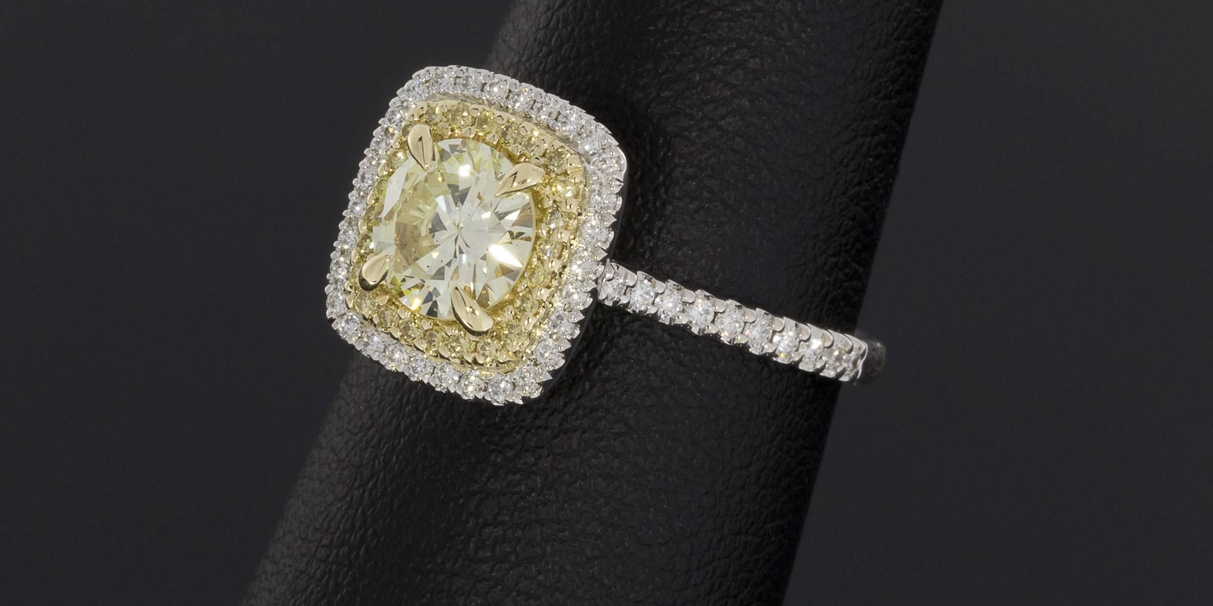 Two Color Gold Canary Yellow Round Diamond Double Halo Engagement Ring 1